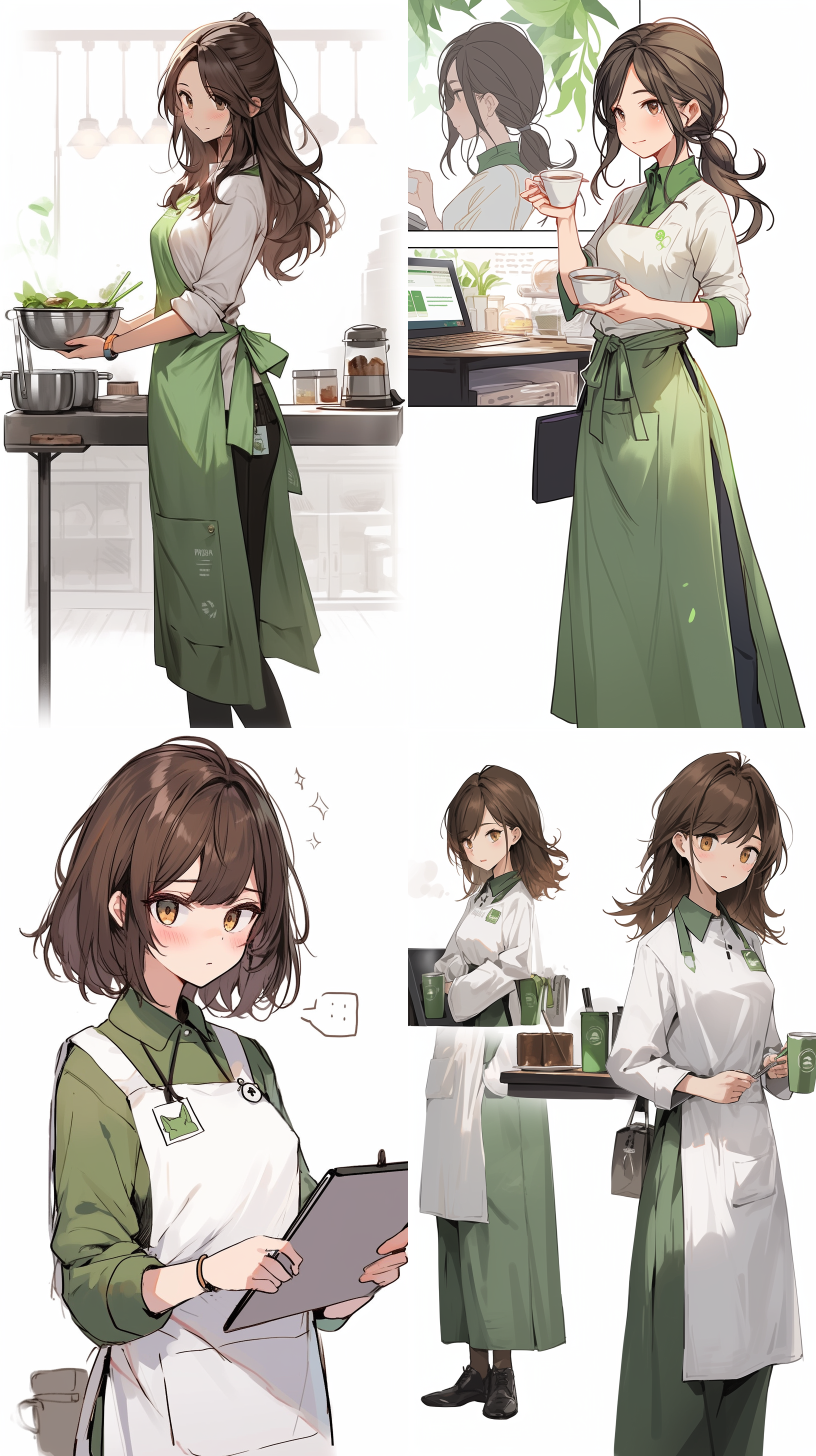 concept art，一个女孩，茶色头发，白色衬衫，绿色围裙，茶叶，茶叶作坊负责人，平板电脑
