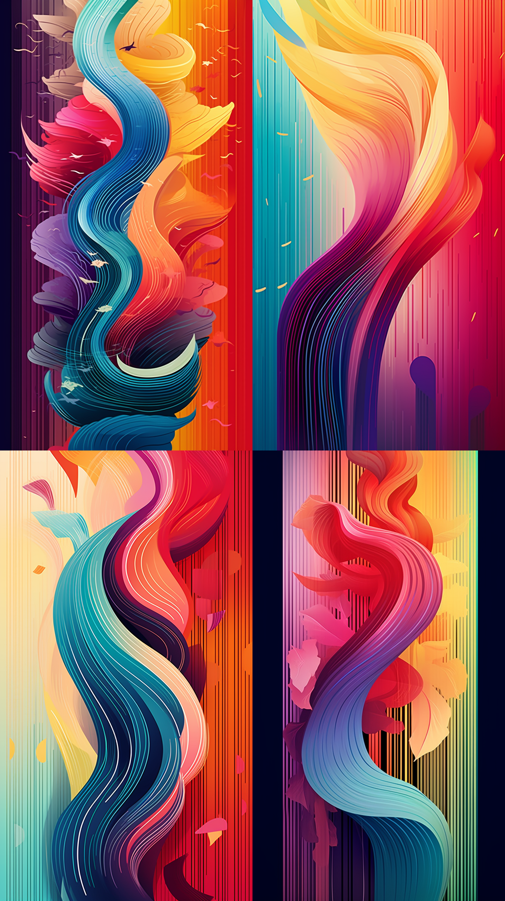 生成一个贺年海报，七色彩虹的彩色条带緾绕交错在一起，颜色 和谐，专业配色，元旦和春节的喜庆的气氛，背景为贺年的红色为背景色调，顶级专业的设计水平，排版专业简介大气，创意画面新颖独特，8k的顶级画质，色彩细节丰富，饱和的色彩