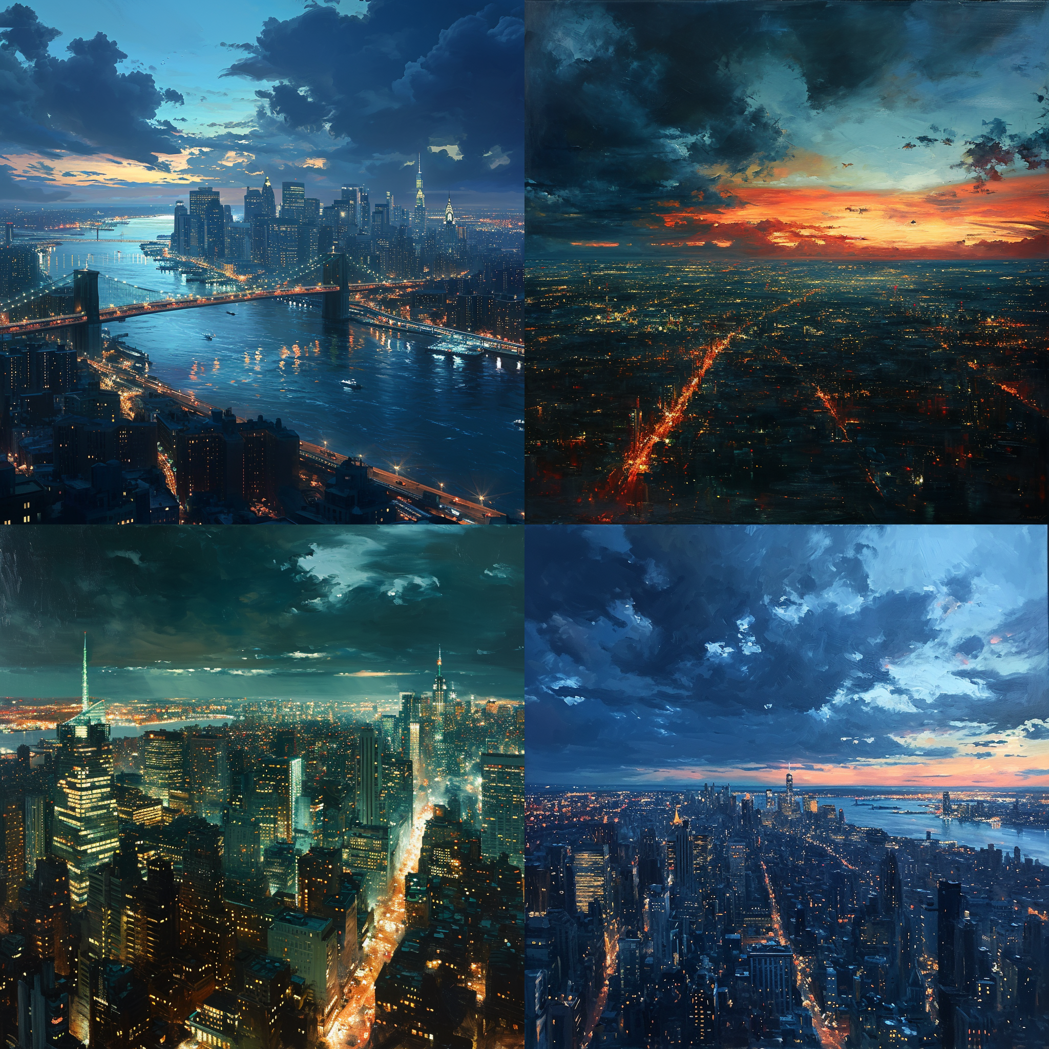 夜晚繁华的城市，远景，油画风格