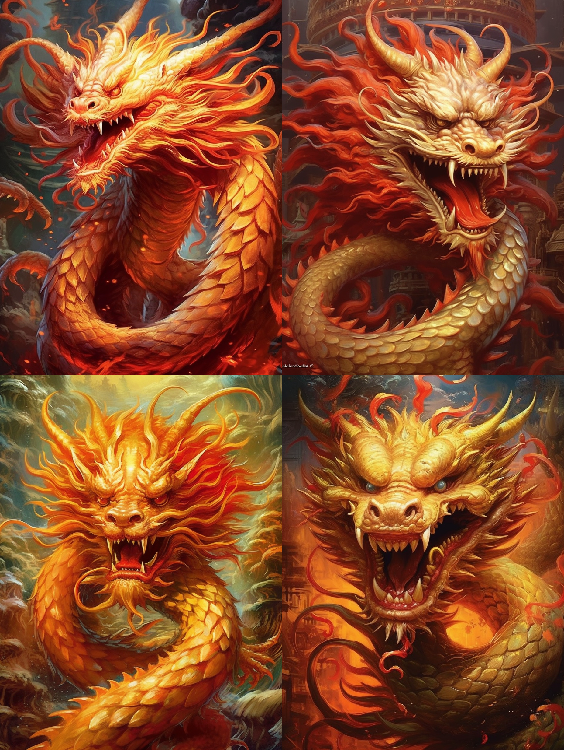 中国的龙，独特的造型，神秘的背景，金色鳞甲，眼神锐利，展翅欲飞，浓烈的红色和金色，雄壮威武，震撼人心。