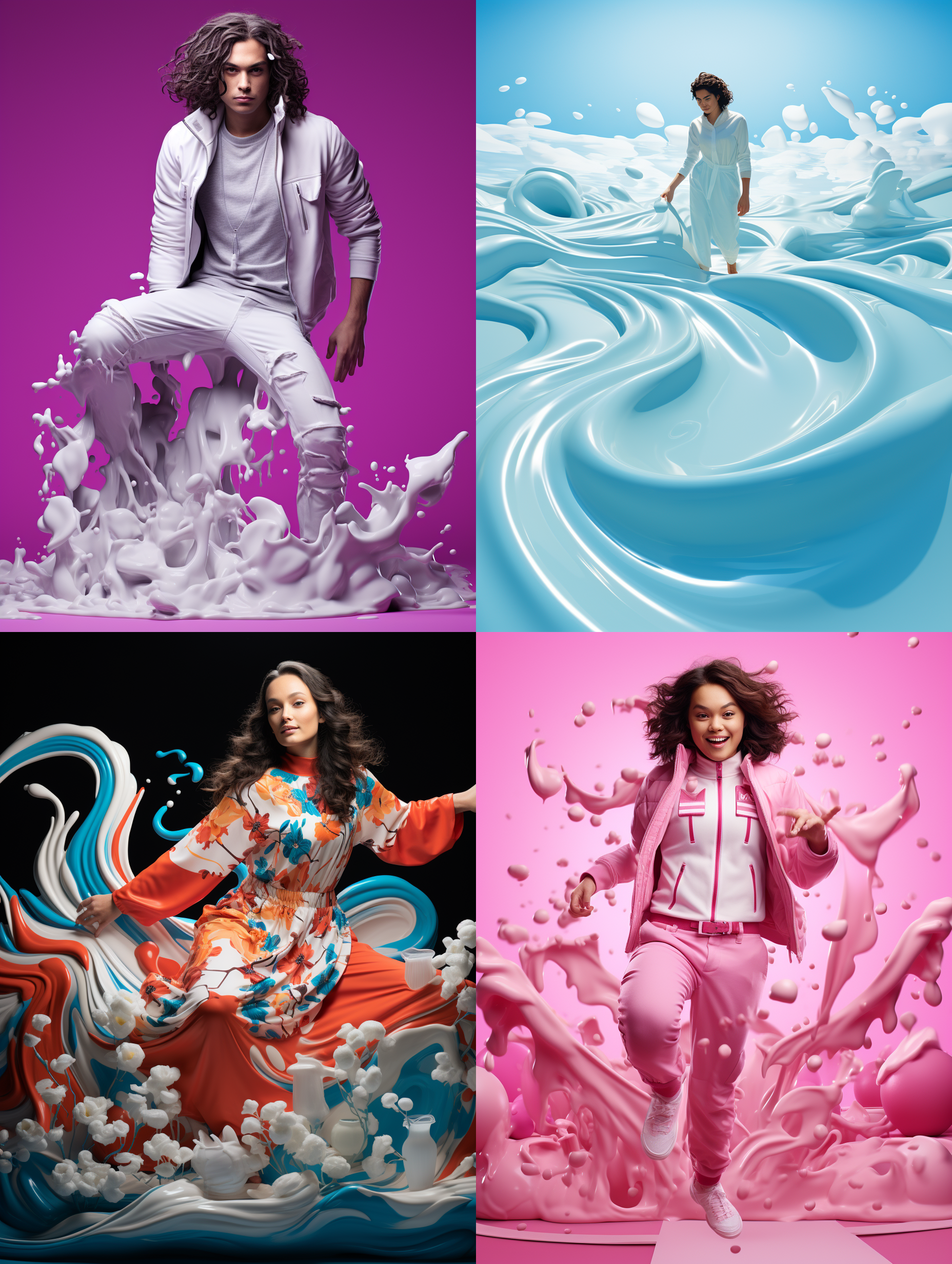 牛奶形成的全身动态人像，高饱和度，纯色背景，流动感，柔光，抽象风格，动态构图，液体运动，创意摄影，色彩单一，活力四溢。