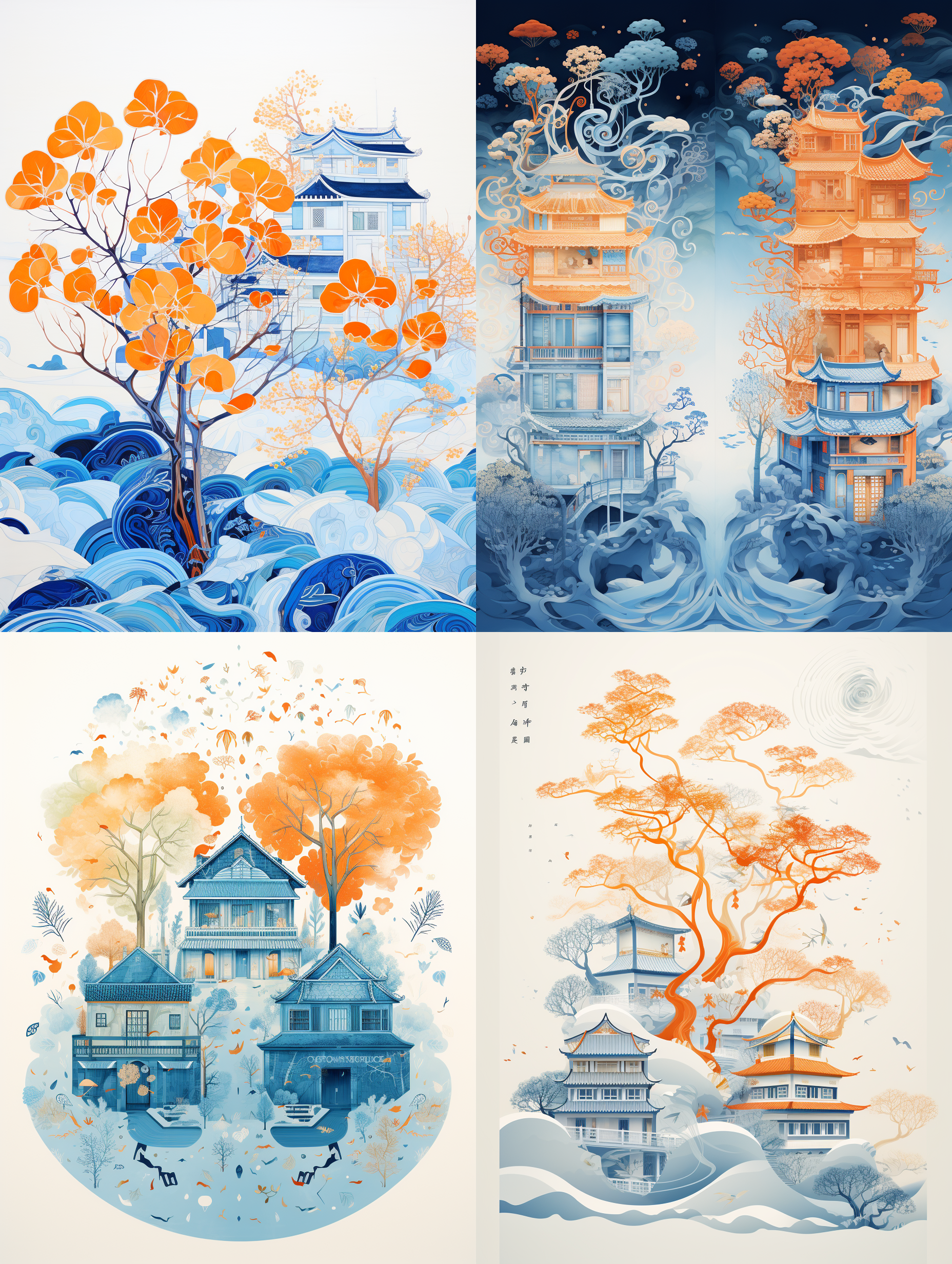 两栋房子都是用汉字画在纸上，在蓝色的风格，欢乐的庆祝自然，浅蓝色和浅橙色， 创新的页面设计，优雅的城市景观，树叶图案，超清图像 iw 2 ar a3 尺寸