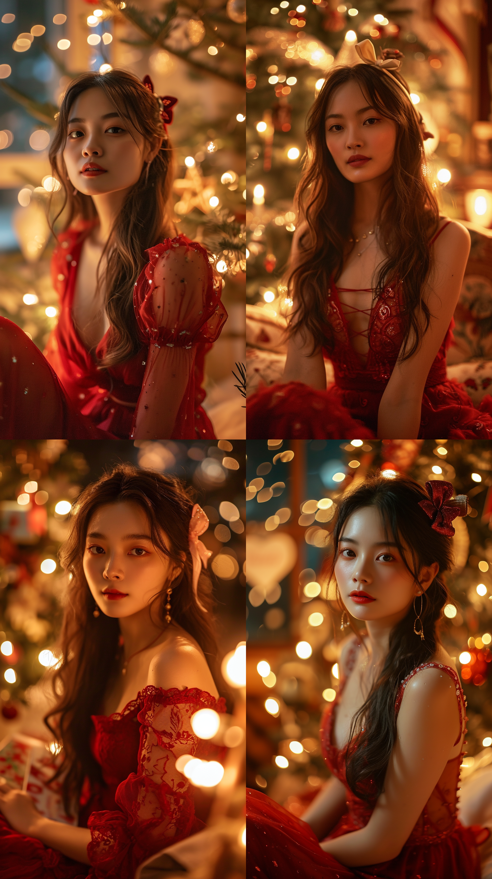 a beautiful asian women with long hair and a bow in her hair sitting in front of a christmas tree with a christmas card, wearing red chest-length dresses,facing the camera, beautiful,soft candle light,knees up ,velvet,relaxed,dslr,bedroom,long shot(ls),best quality