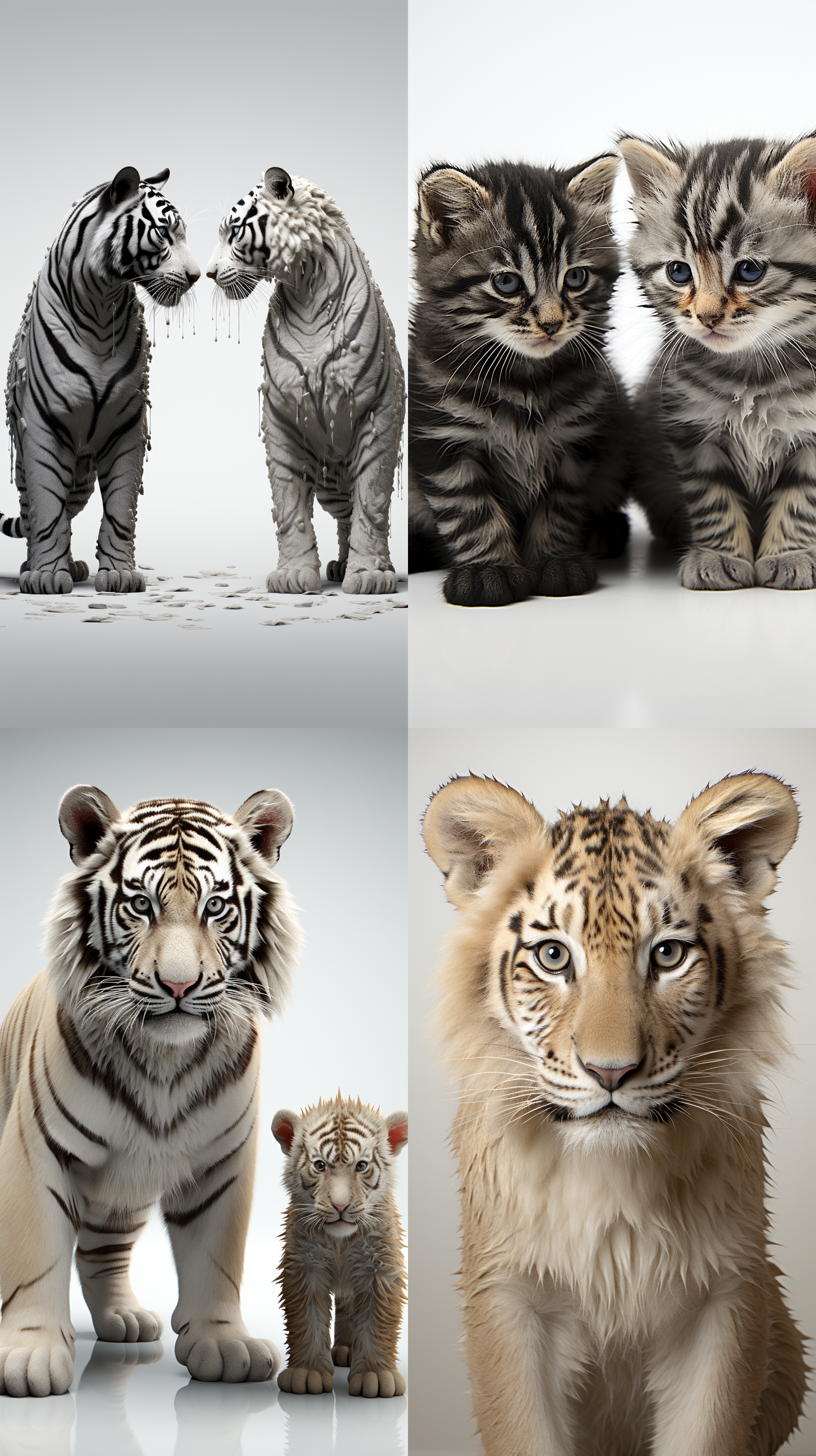 一只小猫和一只老虎对视，白色背景，全景视角，广角镜头，明亮的对比度，激烈的眼神交流