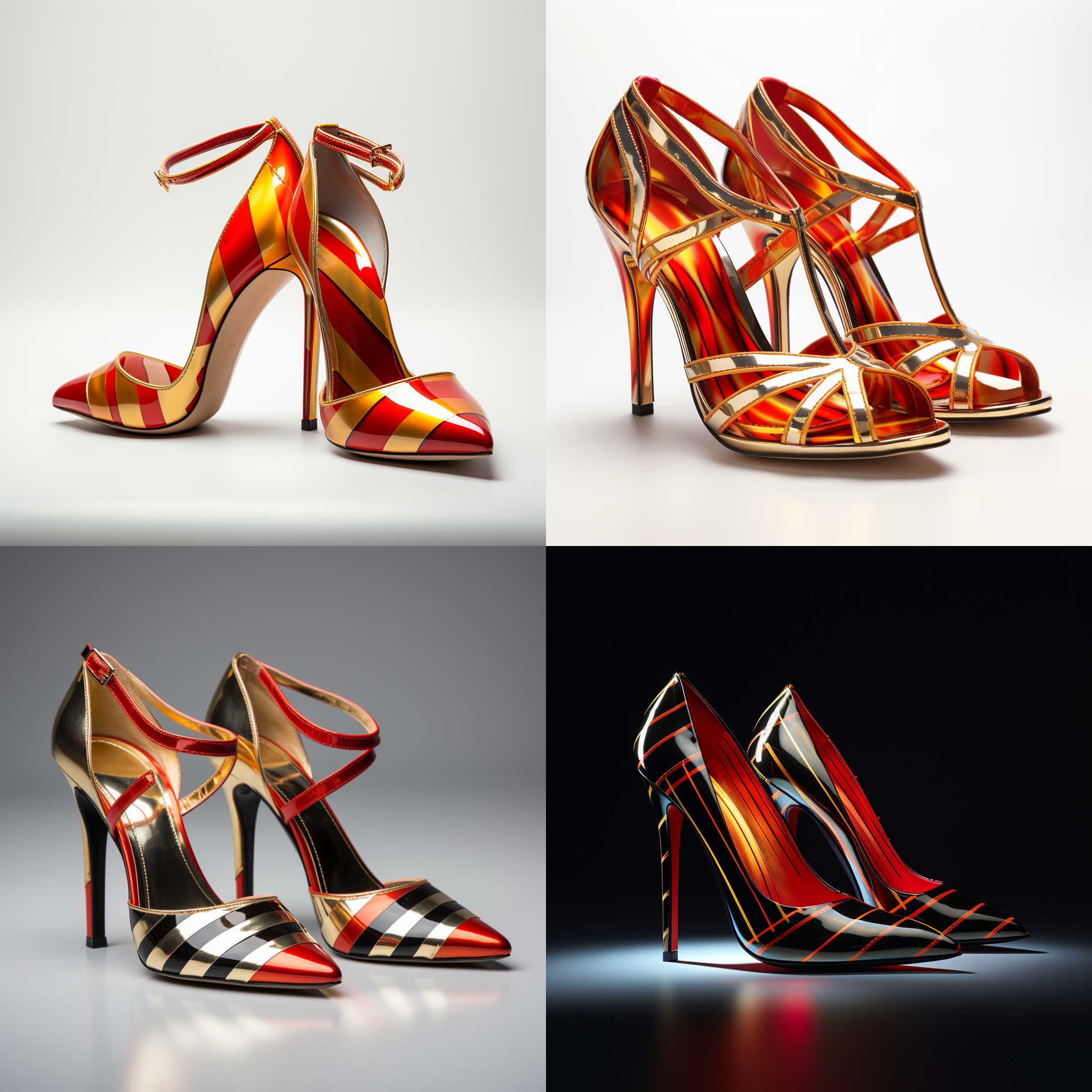 一双金色红底高跟鞋子，白色背景下，明亮的色彩，条理暗纹，巴黎时尚，全息投影，前后对比，简约构图，闪光灯照明，细节突出，时尚感，活力四溢。