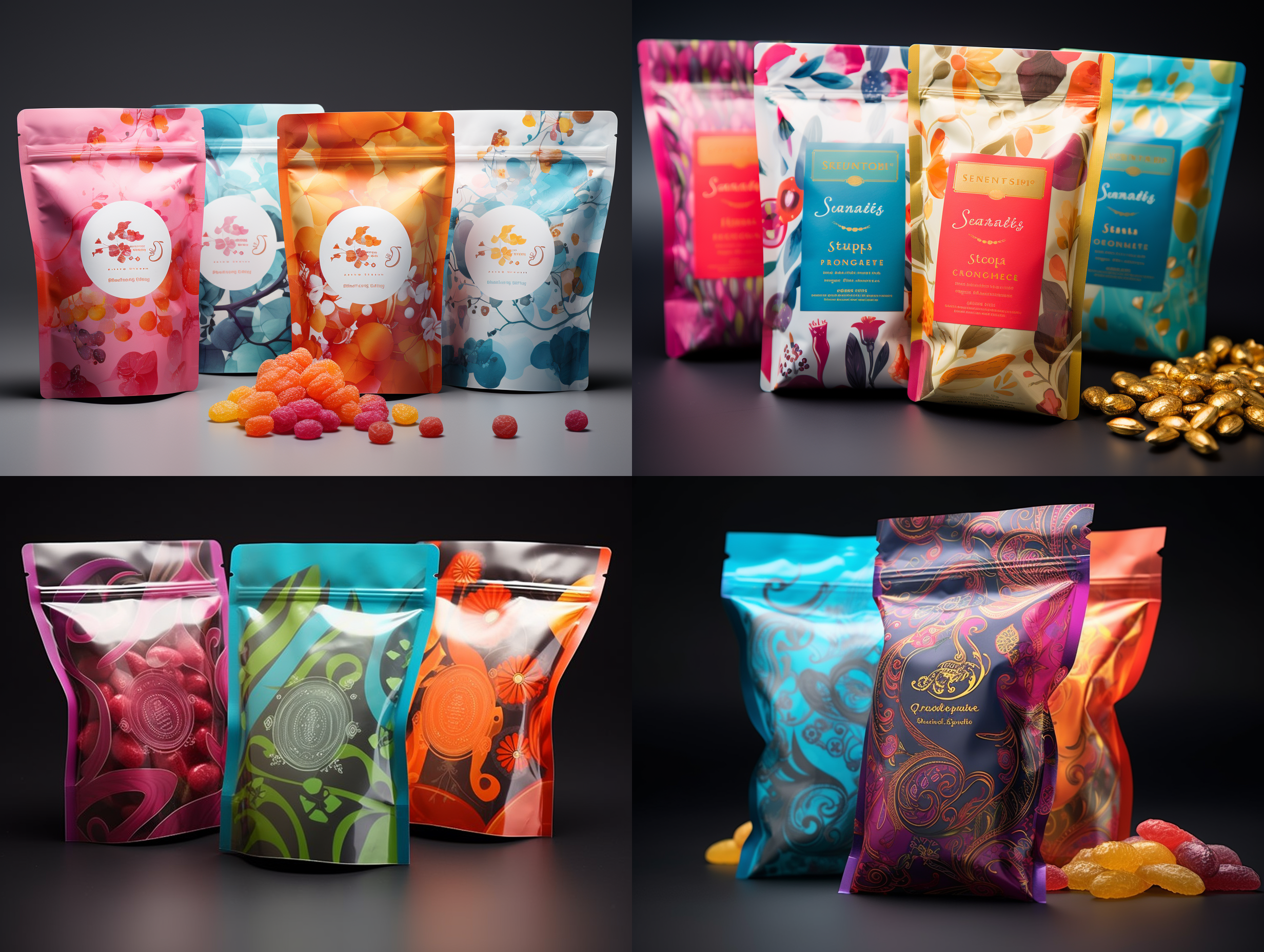 一包精致的食品包装。包装袋采用彩色金属箔和opp印刷塑料膜，具有吸引人的图案和鲜艳的颜色，搭配可重封设计和方便的小口袋，方便用户随时品尝甜蜜的糖果，为用户提供了一个愉悦和美味的小吃选择。