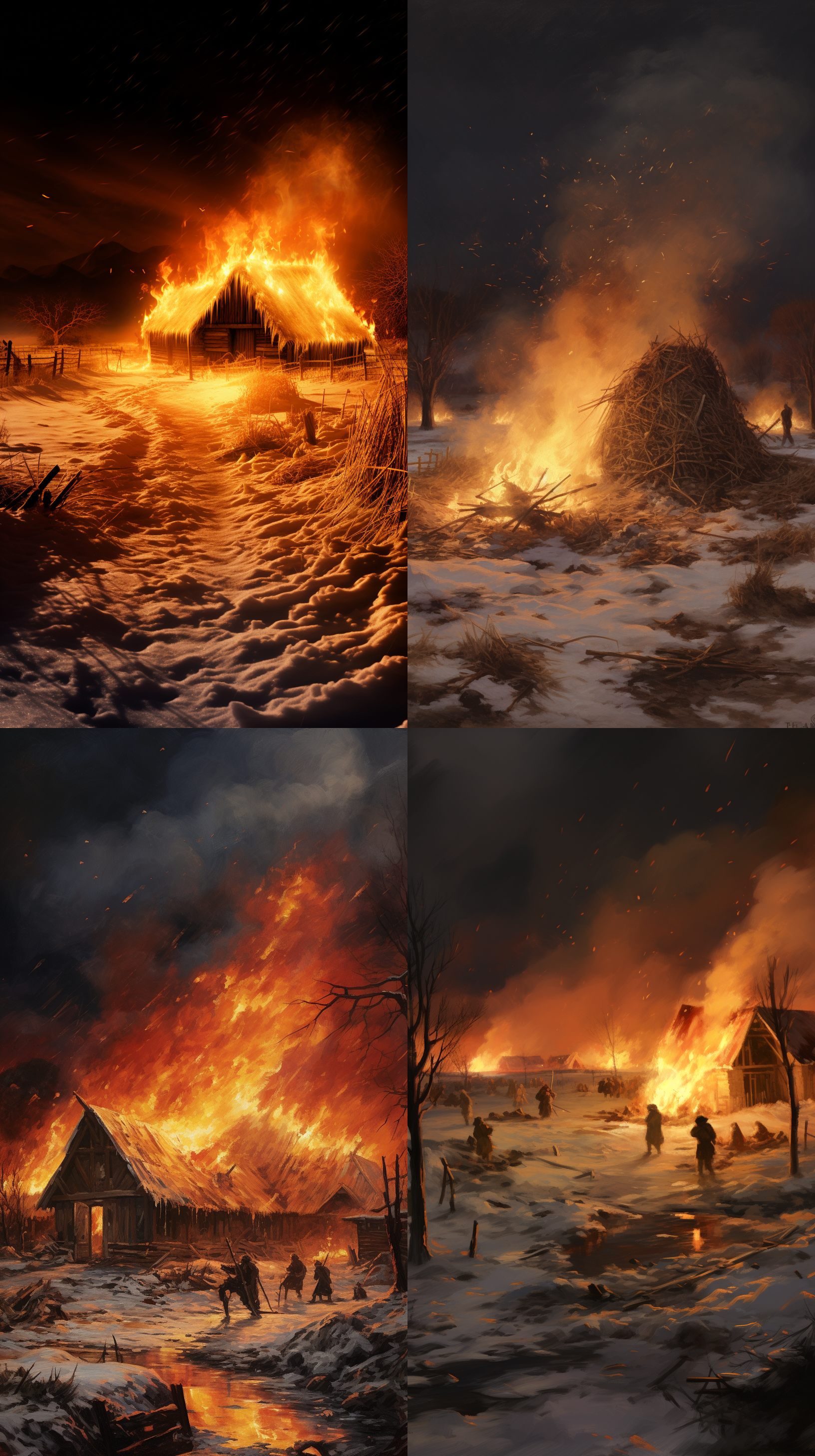 冬天大山里，中国东北农村草垛起火，众人在泼水救火，夜里雪天，火光冲天，周边草房子，大枯树，天空红色，有月亮