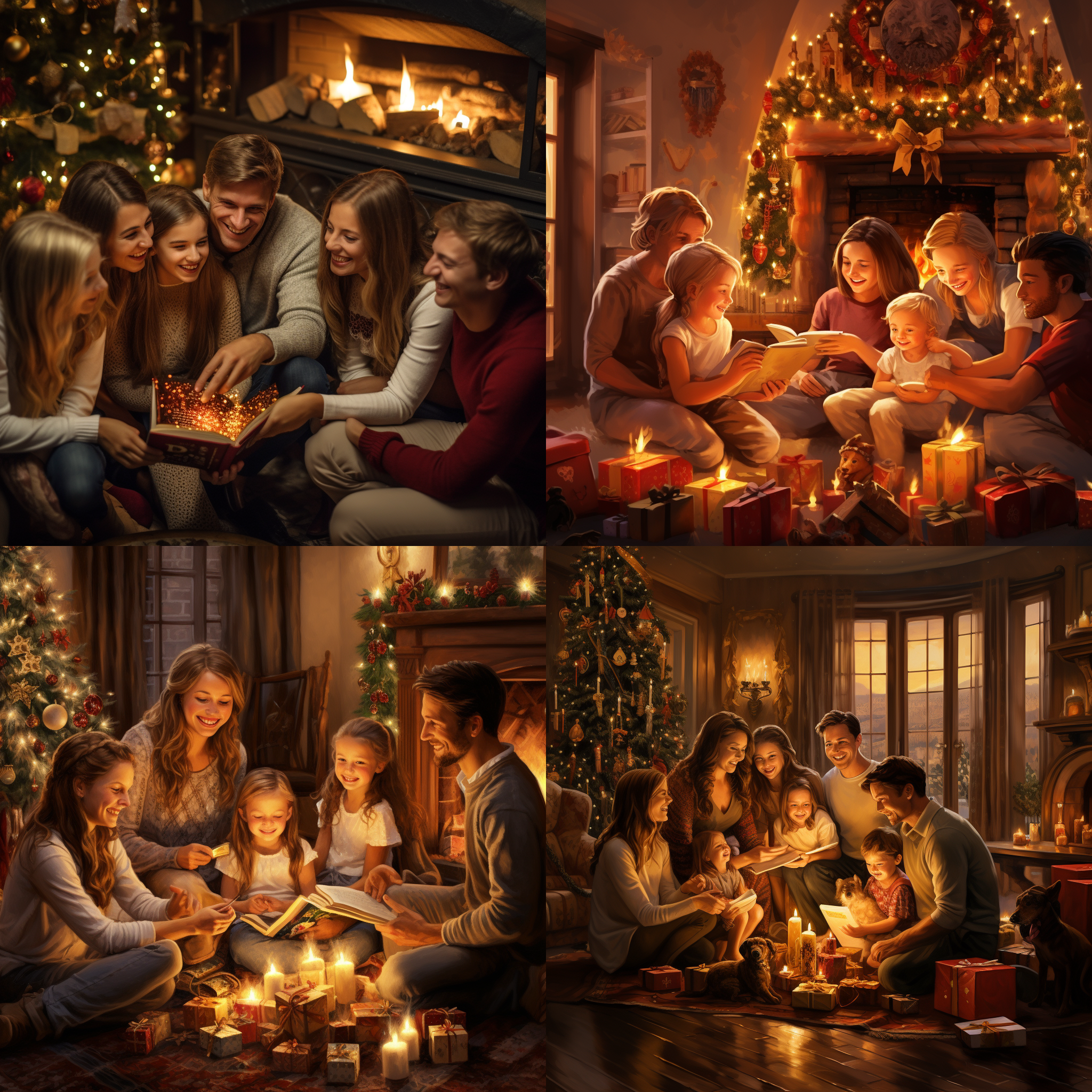 圣诞节快乐，一家人围坐在壁炉旁，房间里点缀着闪亮的彩灯和装饰品。镜头俯视，将整个场景包括进去。温暖的黄色调营造出浓厚的节日氛围。大家欢笑着分享礼物，快门捕捉到了他们幸福的面容。