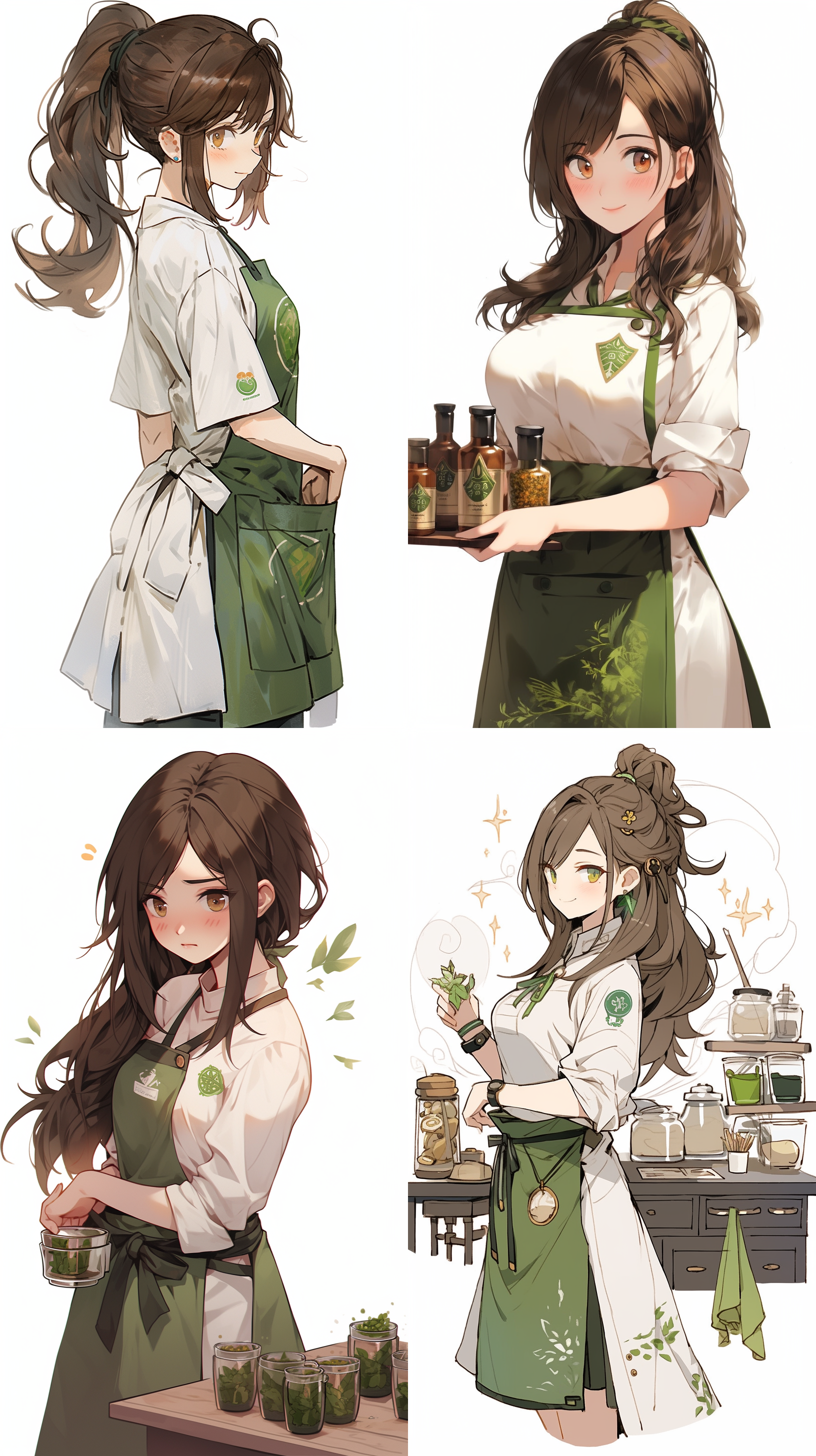 concept art，一个女孩，茶色头发，白色衬衫，绿色围裙，茶叶，电脑，茶茶坊主，白色背景，
