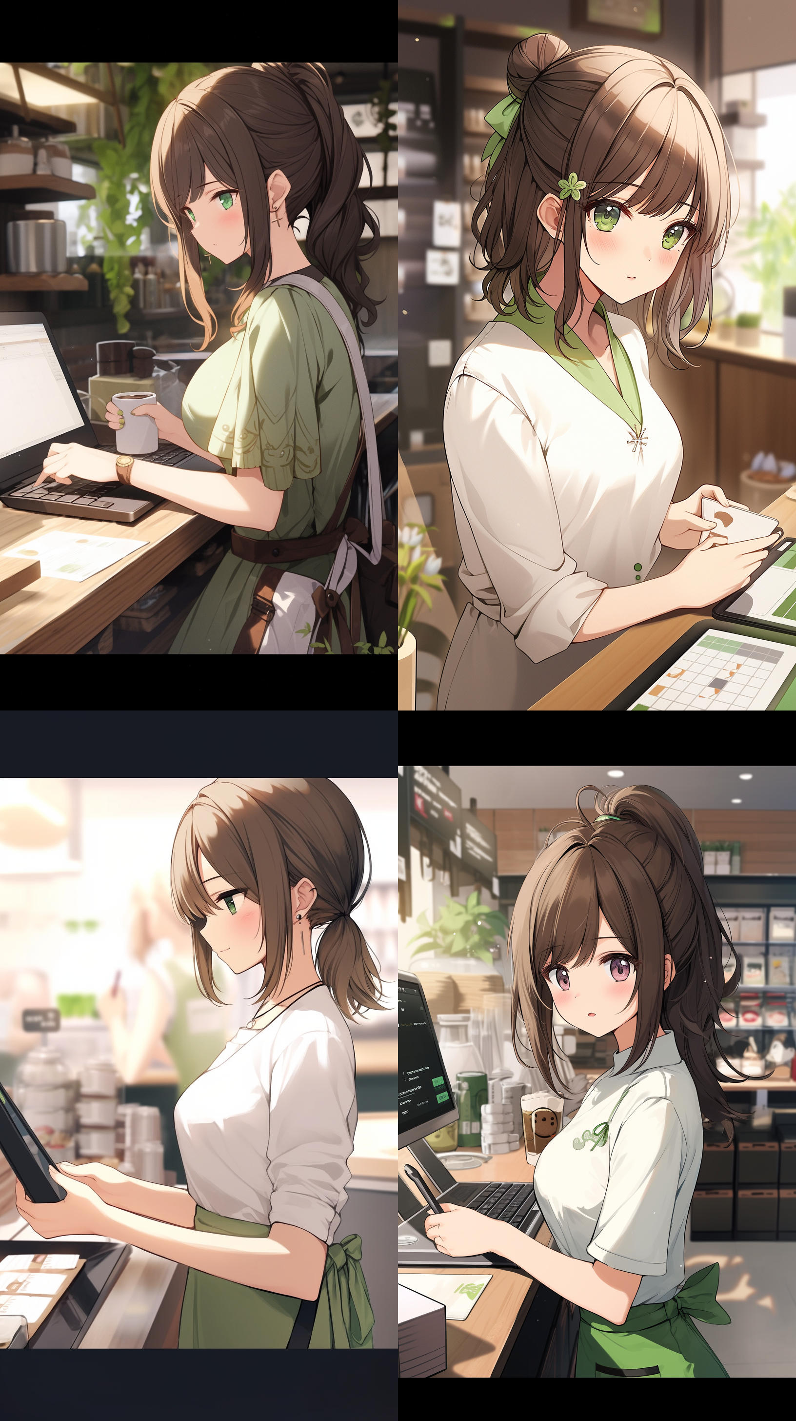 一个女孩，茶色头发，白色衬衫，绿色围裙，茶叶，茶叶商店，店主，平板电脑