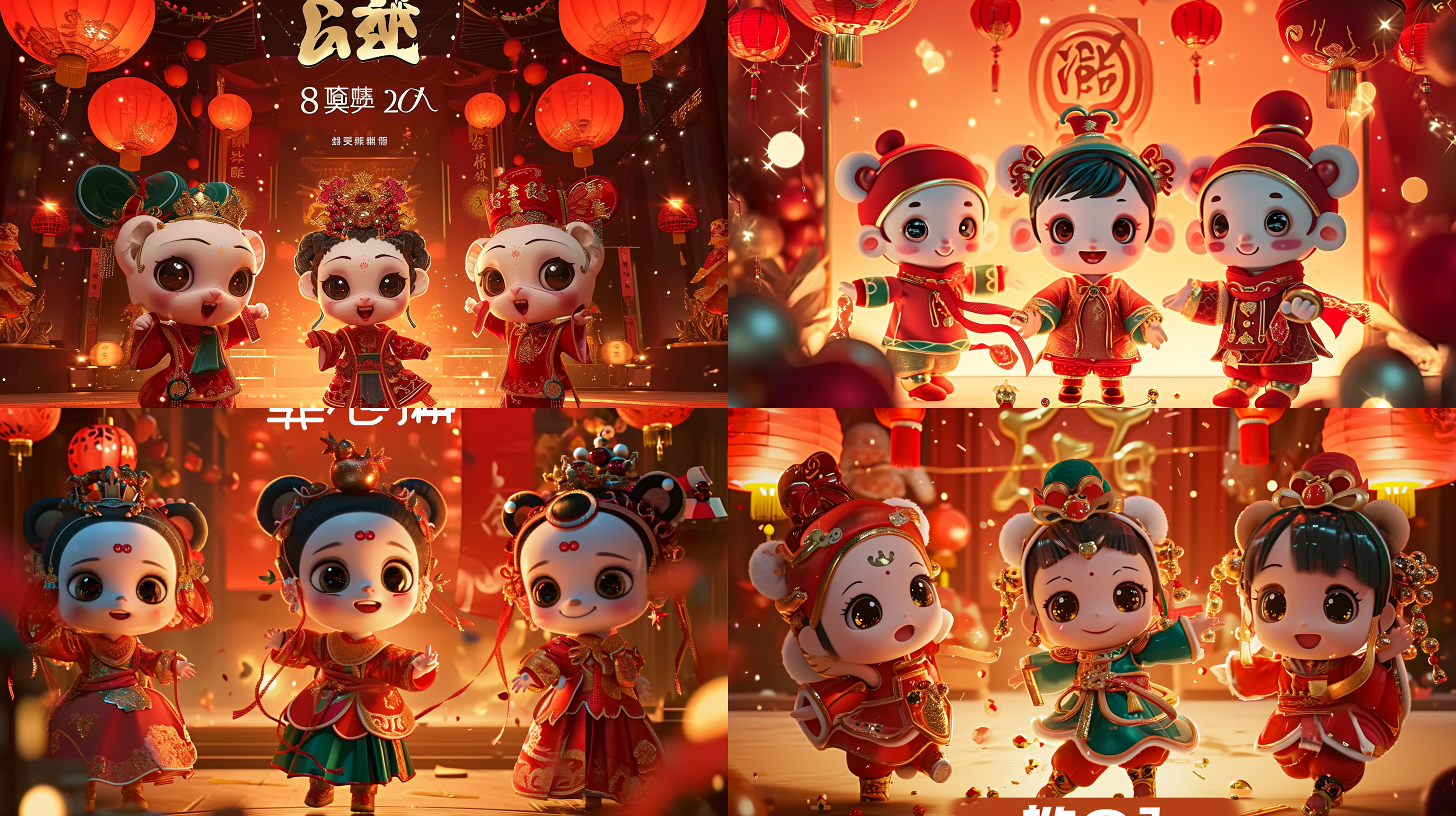 春节晚会的舞台，三个可爱活泼的三维立体卡通娃娃穿着红绿蓝节日服装 ，舞着飘带，欢笑扭着，舞台上灯光炫丽，大红灯笼，上方艺术三维立体的2024 字样，顶级的舞台设计，整体呈现红色的色调，浓郁的春节祥节日喜庆气氛，顶级的画质，8超高清，