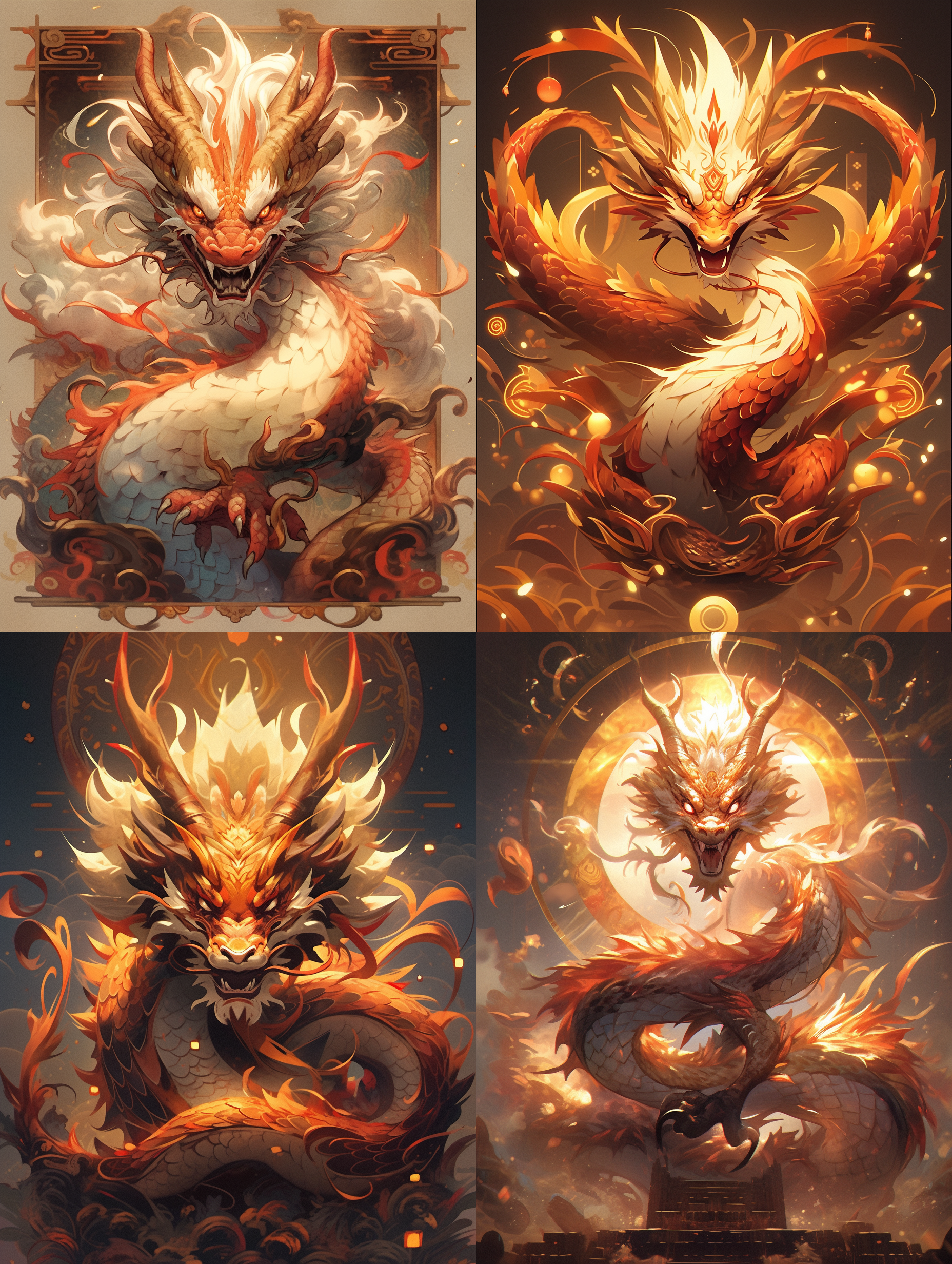 中国的龙，独特的造型，神秘的背景，金色鳞甲，眼神锐利，展翅欲飞，浓烈的红色和金色，雄壮威武，震撼人心。