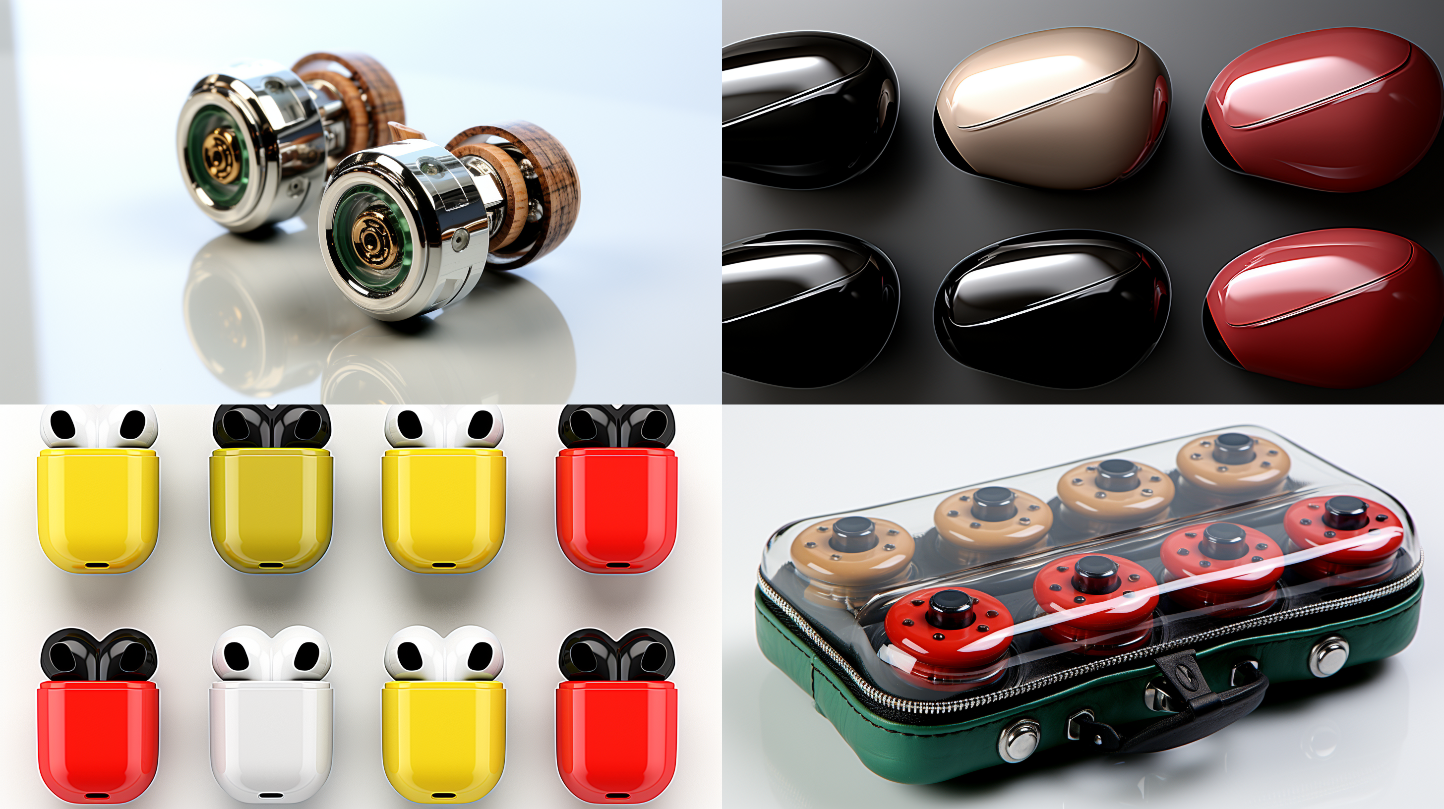 设计一套入耳式无线耳机和耳机盒，科技与美学兼具，写实风格，六套颜色，白色背景