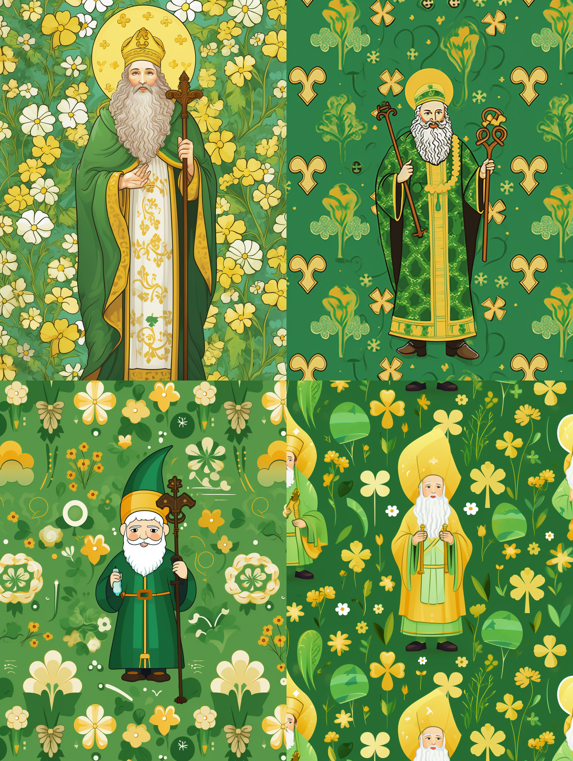 圣帕特里克节图案，有守护神圣帕特里克，绿黄两色背景，有三叶草图案，有美国国旗。卡通图案，比较细腻。