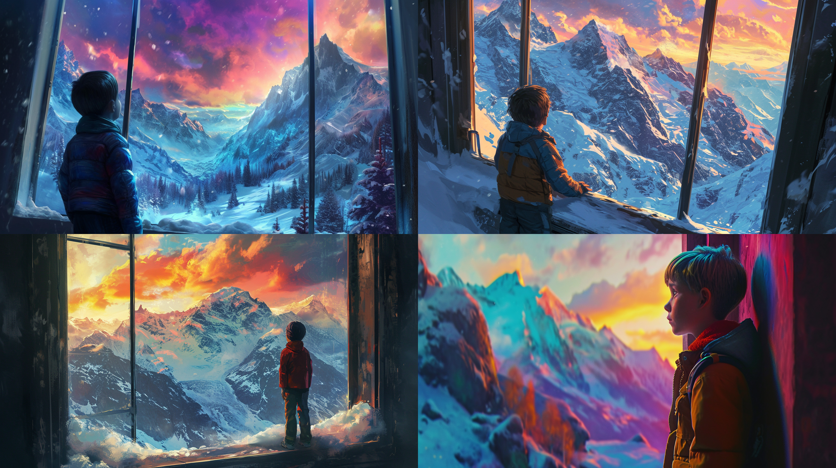 机器人少年透过窗户看雪山 细节的天空 色彩斑斓的 风景 山上