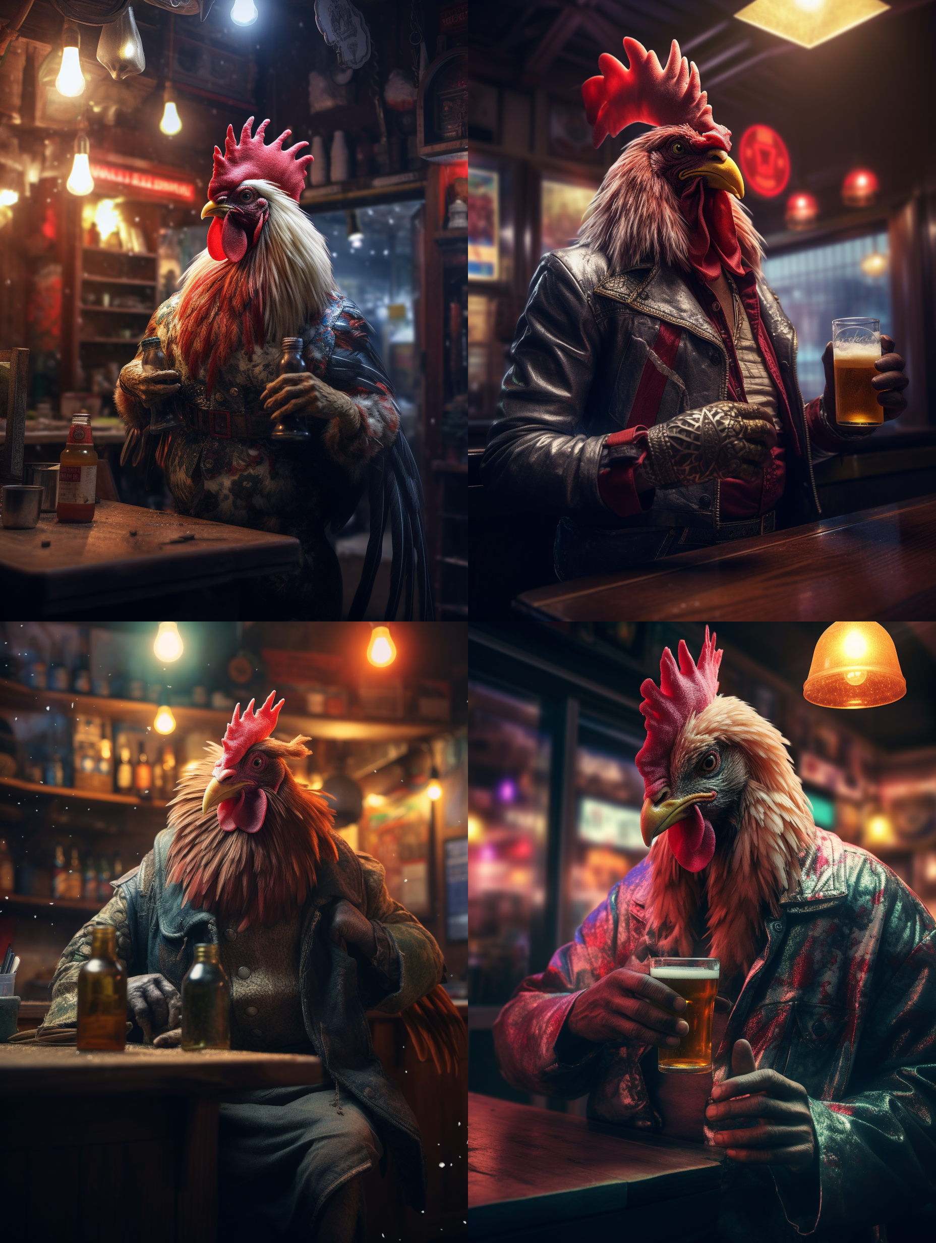 一只公鸡在喝酒，喝醉了摇摇摆摆的跳舞，穿着人的衣服，后面是一个灯红酒绿的酒巴，黑暗中窗户里透出明亮的光来，4k