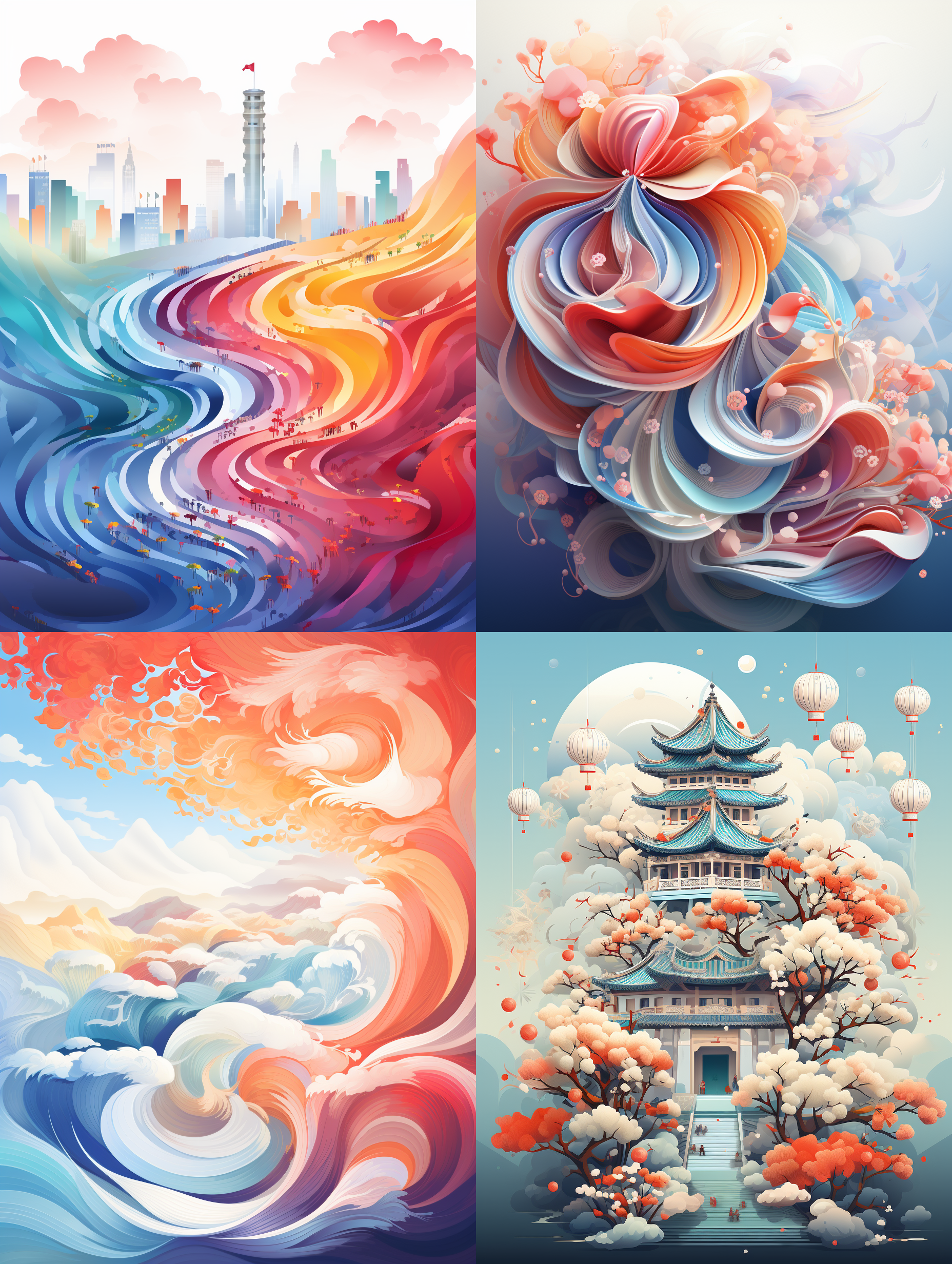 生成一个贺年海报，七色彩虹的彩色条带緾绕交错在一起，颜色 和谐，专业配色，元旦和春节的喜庆的气氛，背景为贺年的红色为背景色调，顶级专业的设计水平，排版专业简介大气，创意画面新颖独特，8k的顶级画质，色彩细节丰富，饱和的色彩