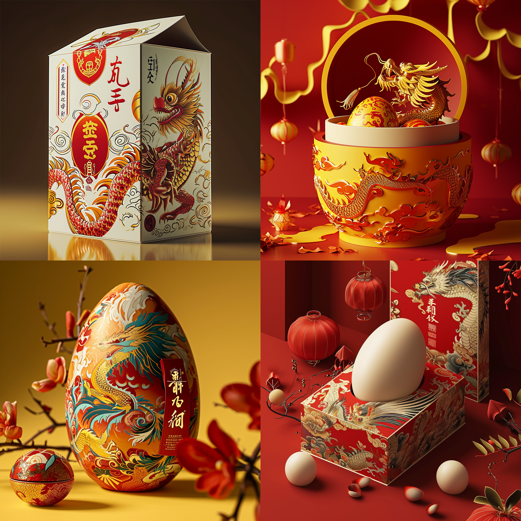 一个造型独特的蛋黄酥包装盒，大胆的想象，金色与红色主色调，国潮风格,梦幻般的插画，卡通龙元素，瓦楞纸材质,高细节,产品摄影，影棚光照，中国新年氛围
