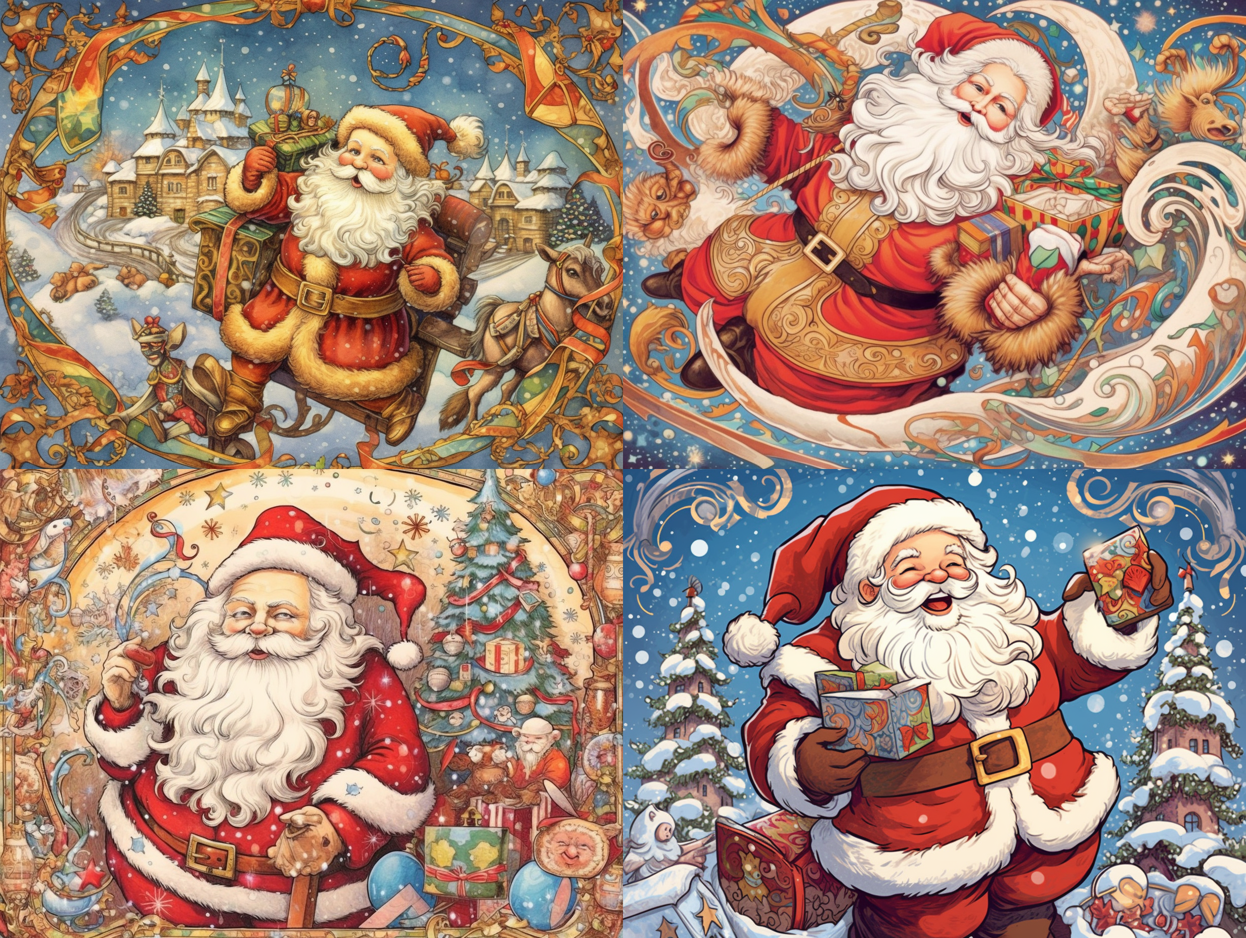 设计一张圣诞节贺卡，以圣诞老人和圣诞树为主题。圣诞老人面带笑容，圣诞树上挂着礼物。英文题字：merry christmas! 极其精致和美丽 超级高分辨率 大文件 漫画 传统媒体（手绘稿）