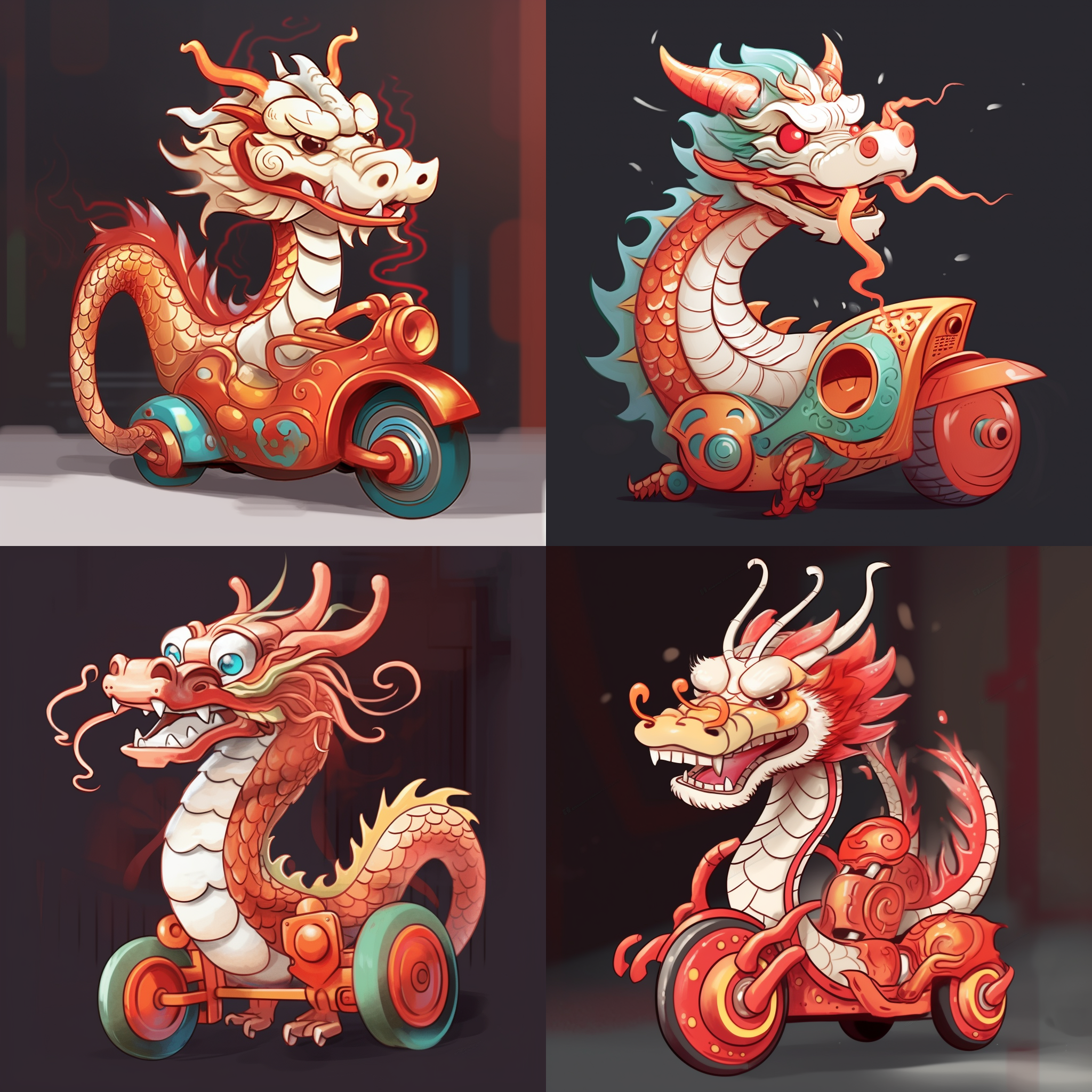 中国龙造型的玩具摩托车，龙是d的形态，细致设计风格，oc渲染，3d渲染，8k分辨率，逼真质感，明亮色彩，动态姿势，细节丰富，独特造型，精心制作，华丽光影，神秘氛围。