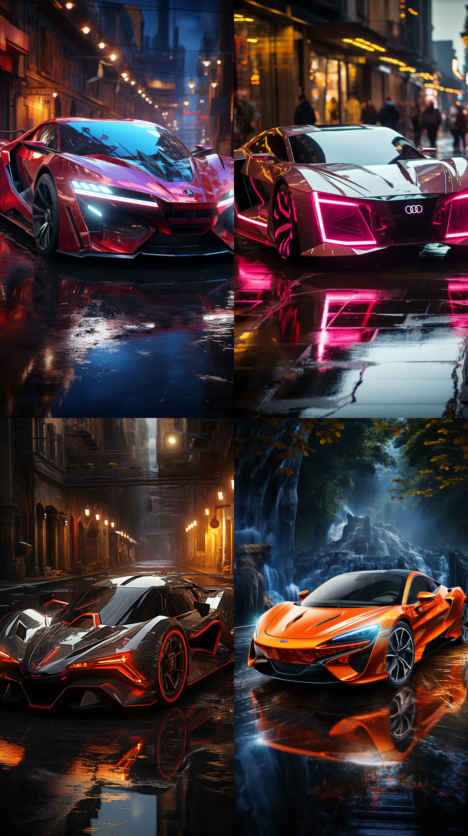 设计一辆有未来科技感的高级电动超跑，行驶在上海雨夜中 高分辨率 雨天 夜晚 写实