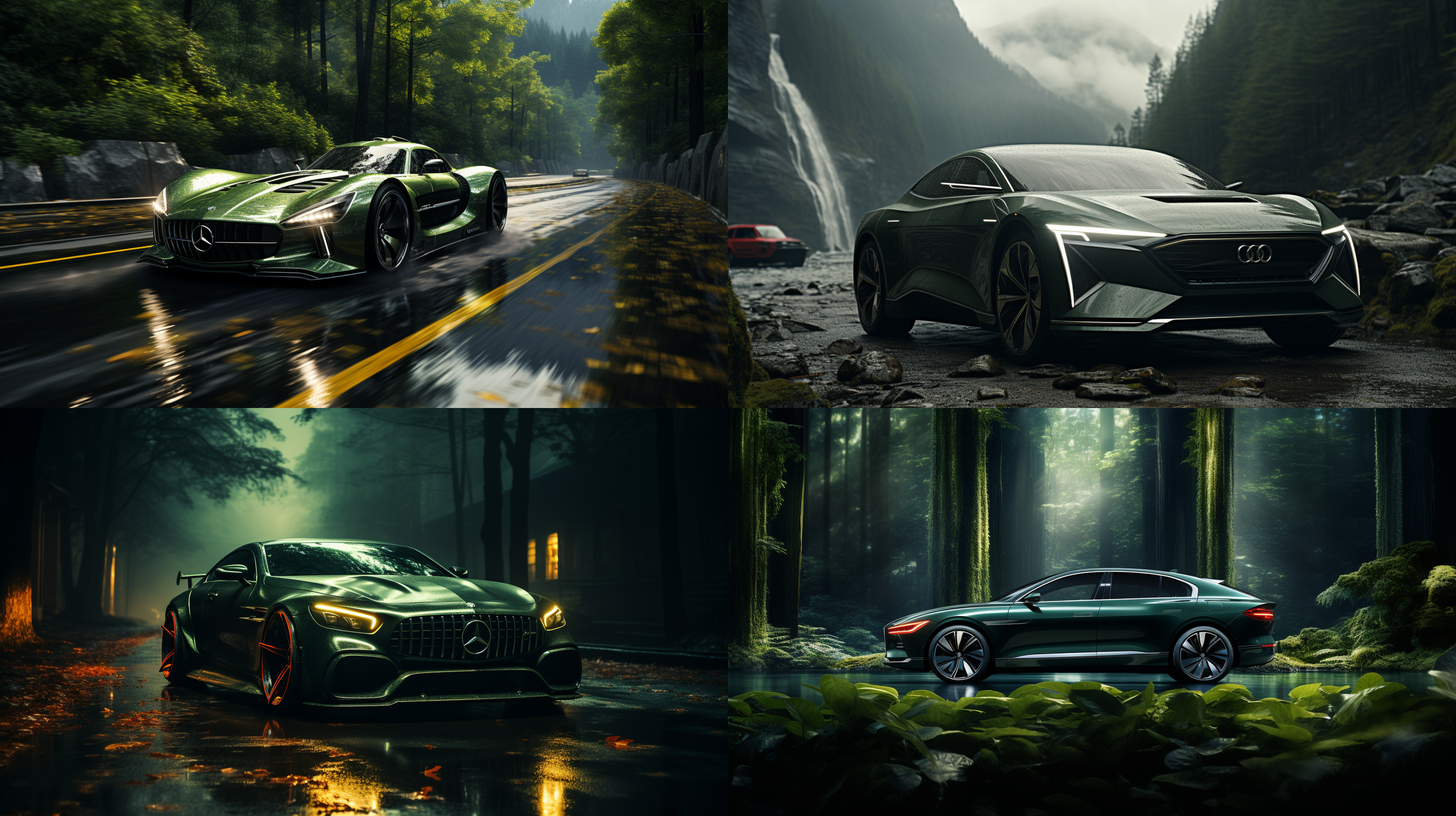 设计一辆有未来科技感的高级d级电动轿车深绿色，行驶在森林公里中 高分辨率 雨天 写实