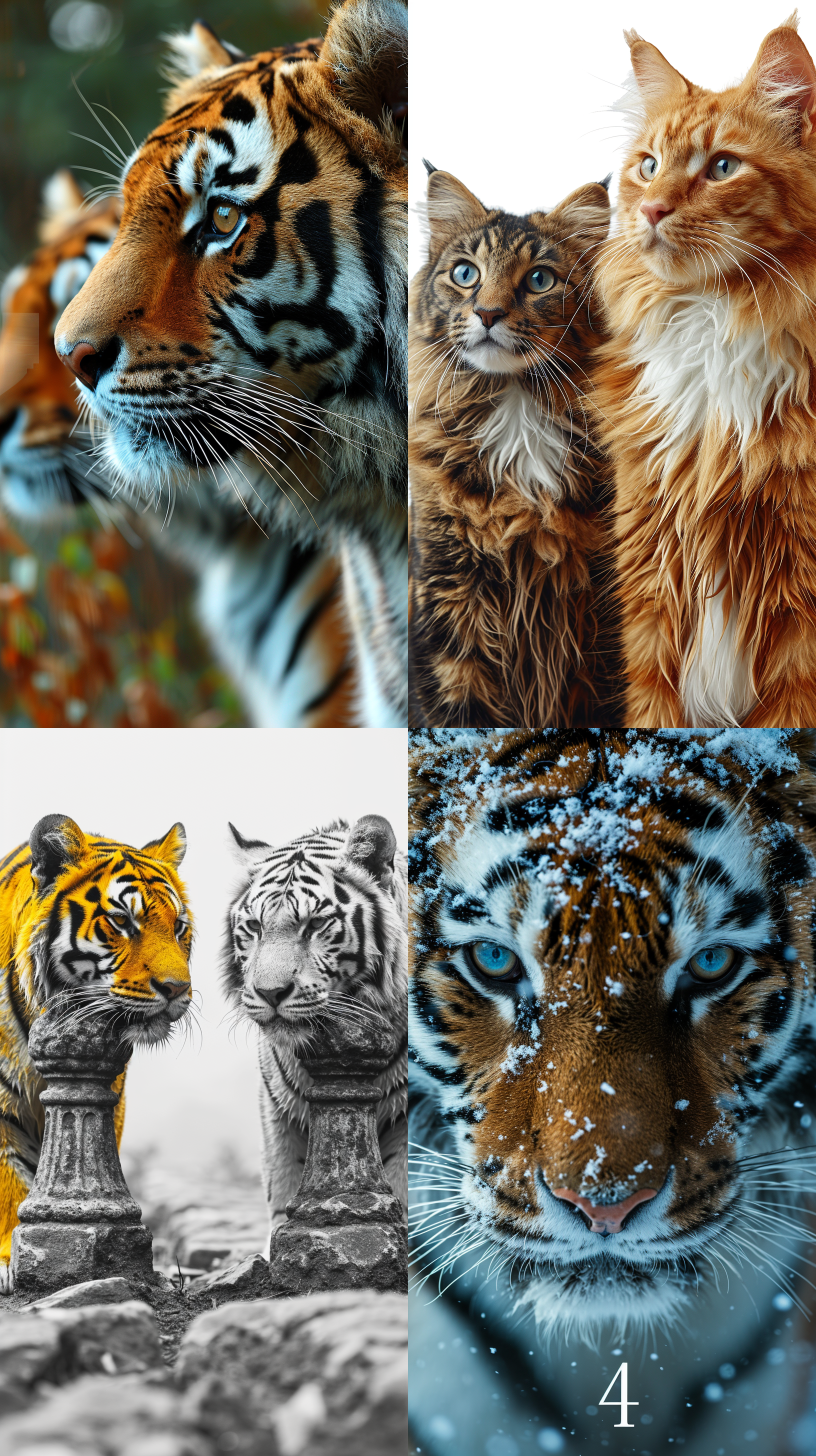 小猫和老虎对视，白色背景，全景视角，广角镜头，明亮的对比度，激烈的眼神交流，动态的姿态