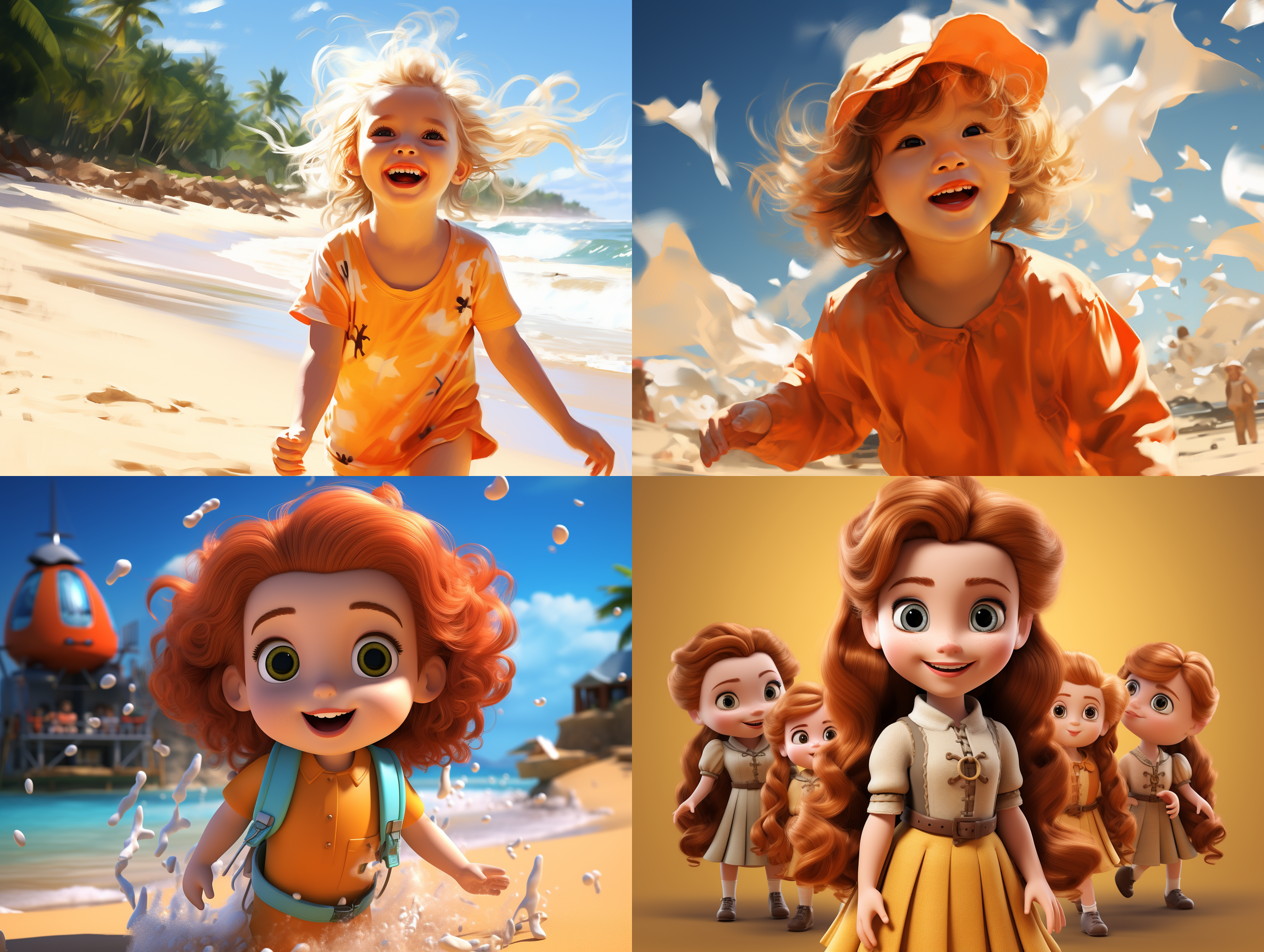 小女孩角色，多种姿势和表情, 年龄:5岁 外貌 (发型): 橙色短发 外貌(脸):大大的眼睛和耳朵，橙色的眉毛外貌 (服装):色彩鲜艳的裙子，中世纪风格性格:勇敢自信，总是面带微笑 多云 女孩 御姐 沙滩 海边 黄色头发