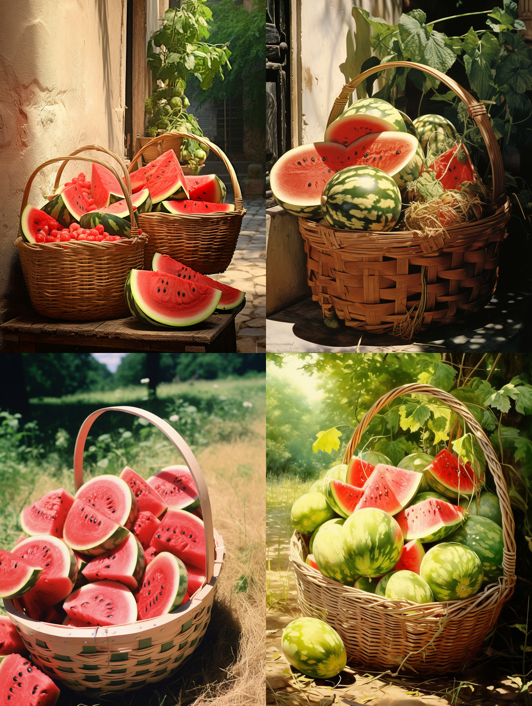 满满的一筐西瓜，清晰对焦，自然光线，户外环境，鲜艳色彩，饱满感，细节丰富，垂直构图，生动活泼，夏日气息。