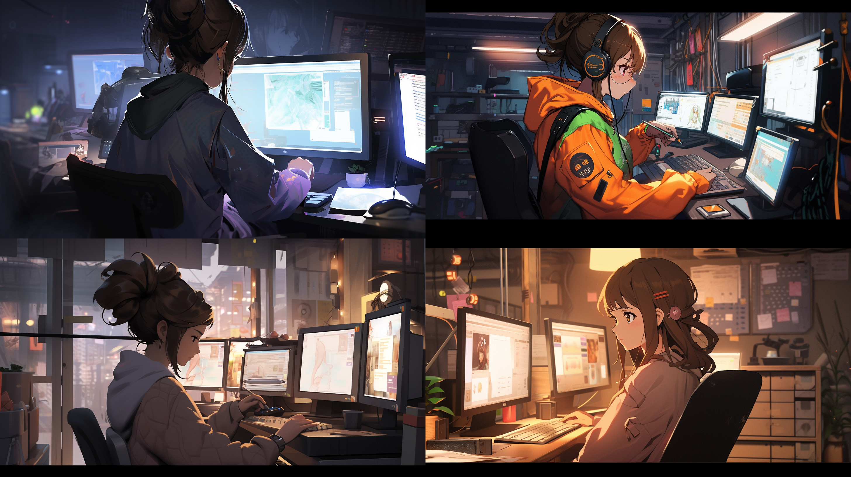 concept art，一个女孩，茶色头发，程序员，电脑，茶茶坊主，