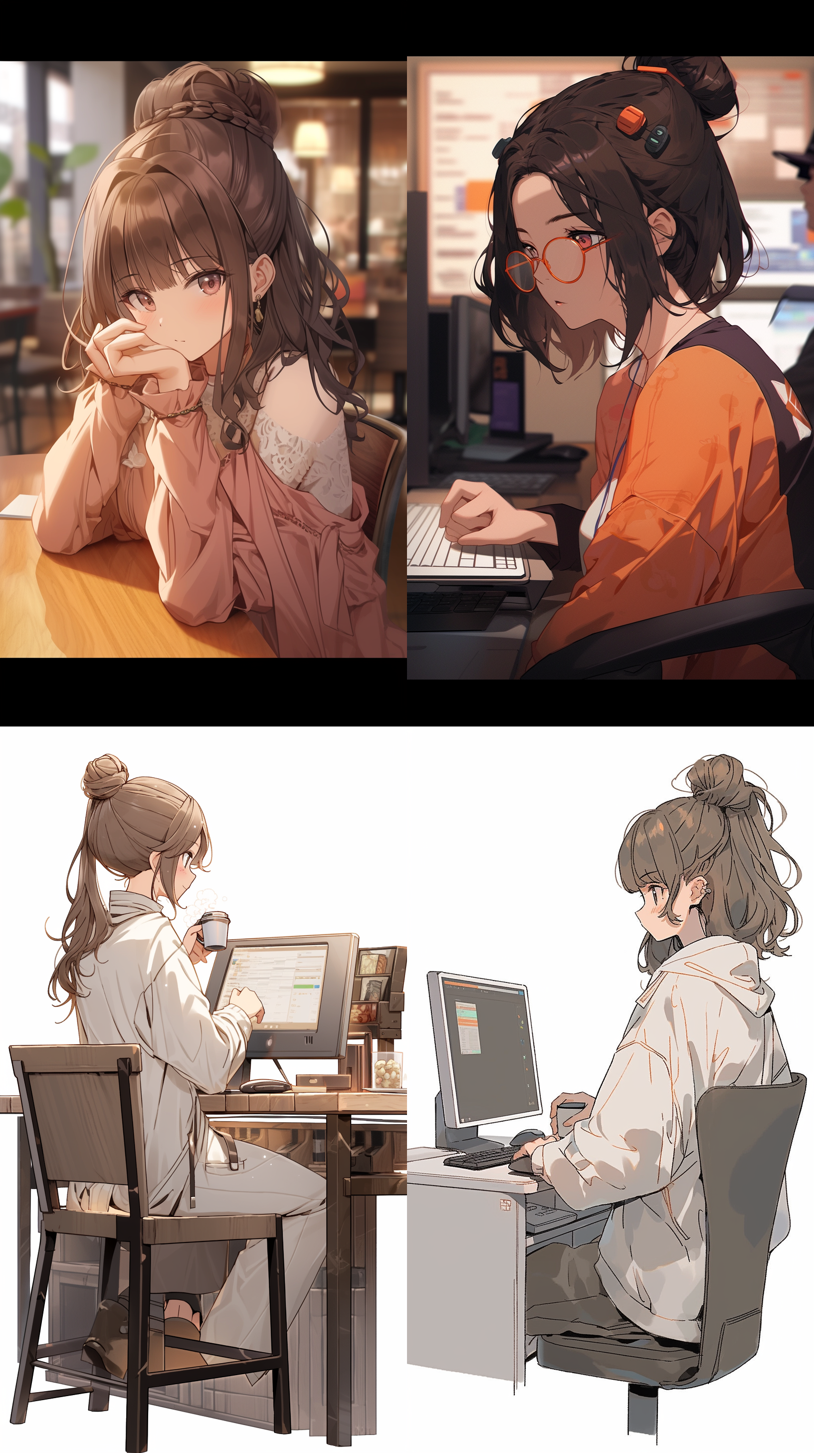 concept art，一个女孩，茶色头发，电脑，茶茶坊主，白色背景，