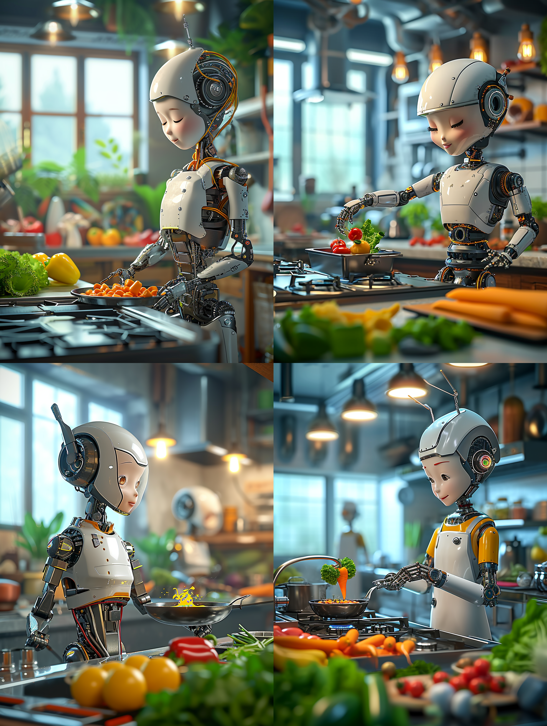 美女机器人在一间大厨房的灶台前炒菜，灶台，机器人大厨的身后有另一个机器人在洗菜，周围的桌子摆着加工好的蔬菜，美女厨师幽默 ，可爱，俏皮, 专业餐饮摄影，柔和明亮的灯光，顶级的人物摄影效果和画质，正面视角。颜色层次丰富，细节丰富，