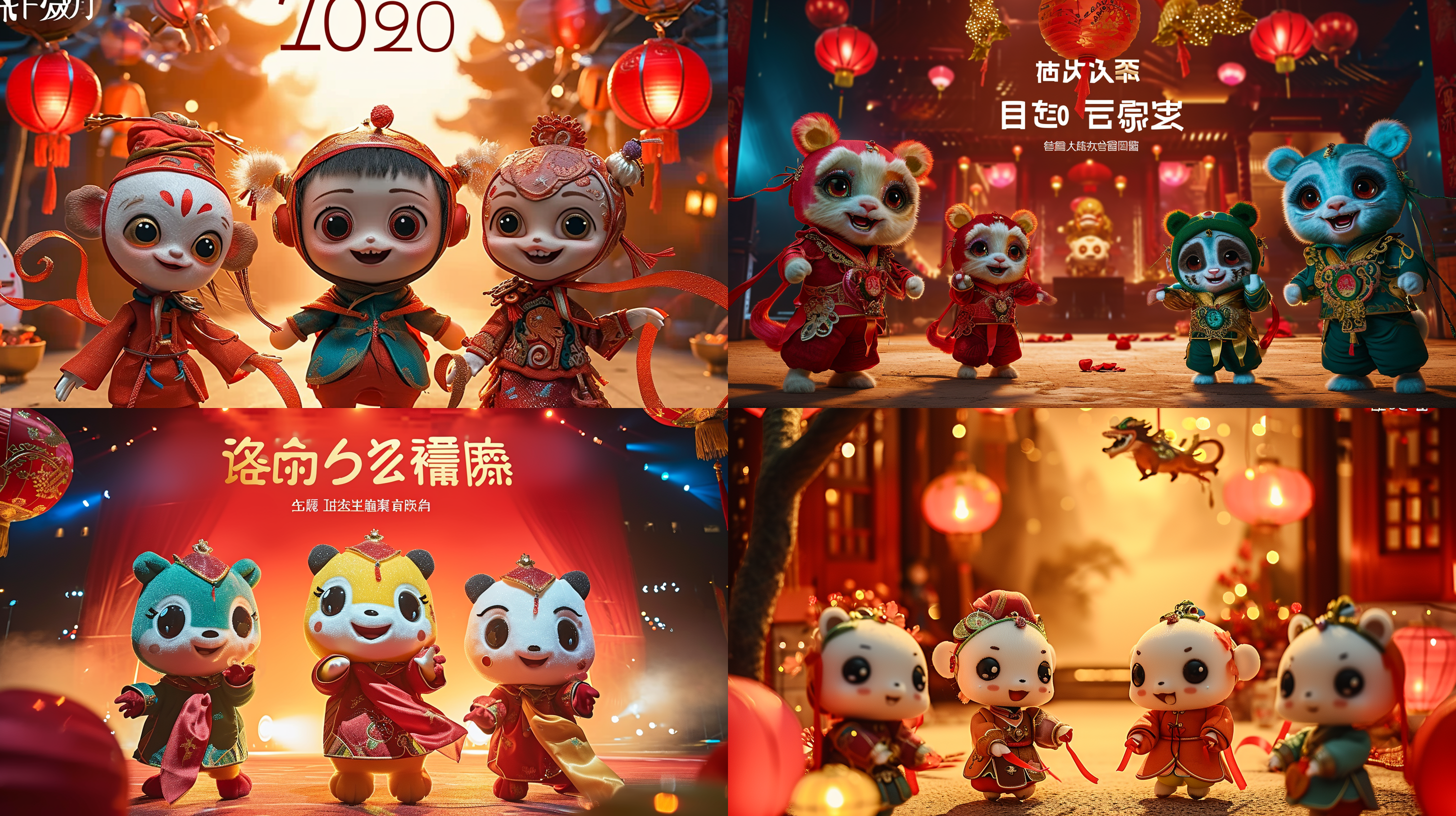 春节晚会的舞台，三个可爱活泼的三维立体卡通机器人穿着红绿蓝节日服装 ，舞着飘带，欢笑扭着，舞台上灯光炫丽，大红灯笼，上方艺术三维立体的卡通飞龙，顶级的舞台设计，整体呈现红色的色调，浓郁的春节祥节日喜庆气氛，顶级的画质，8超高清，
