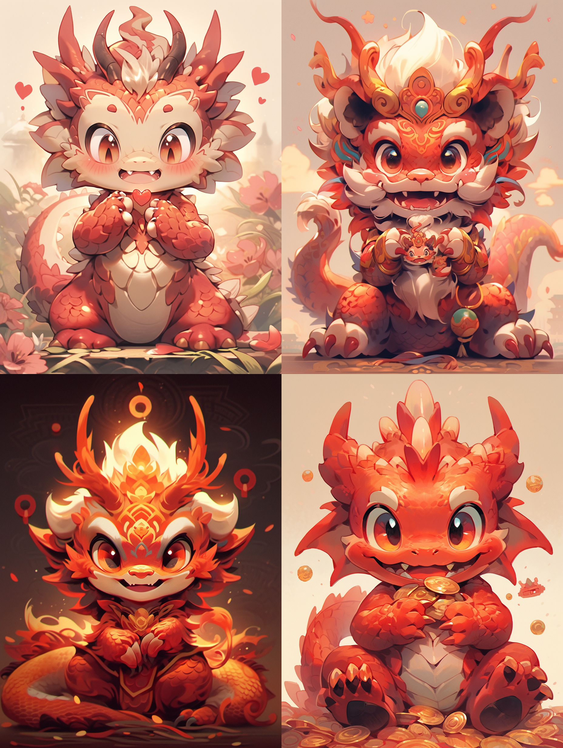 中国风小龙，可爱摆pose，红色背景，传统元素装饰，宽广的构图，明亮而柔和的光线，细节丰富，眼神友善，龙的爪子摆出v型，喜庆的颜色，欢乐的氛围。