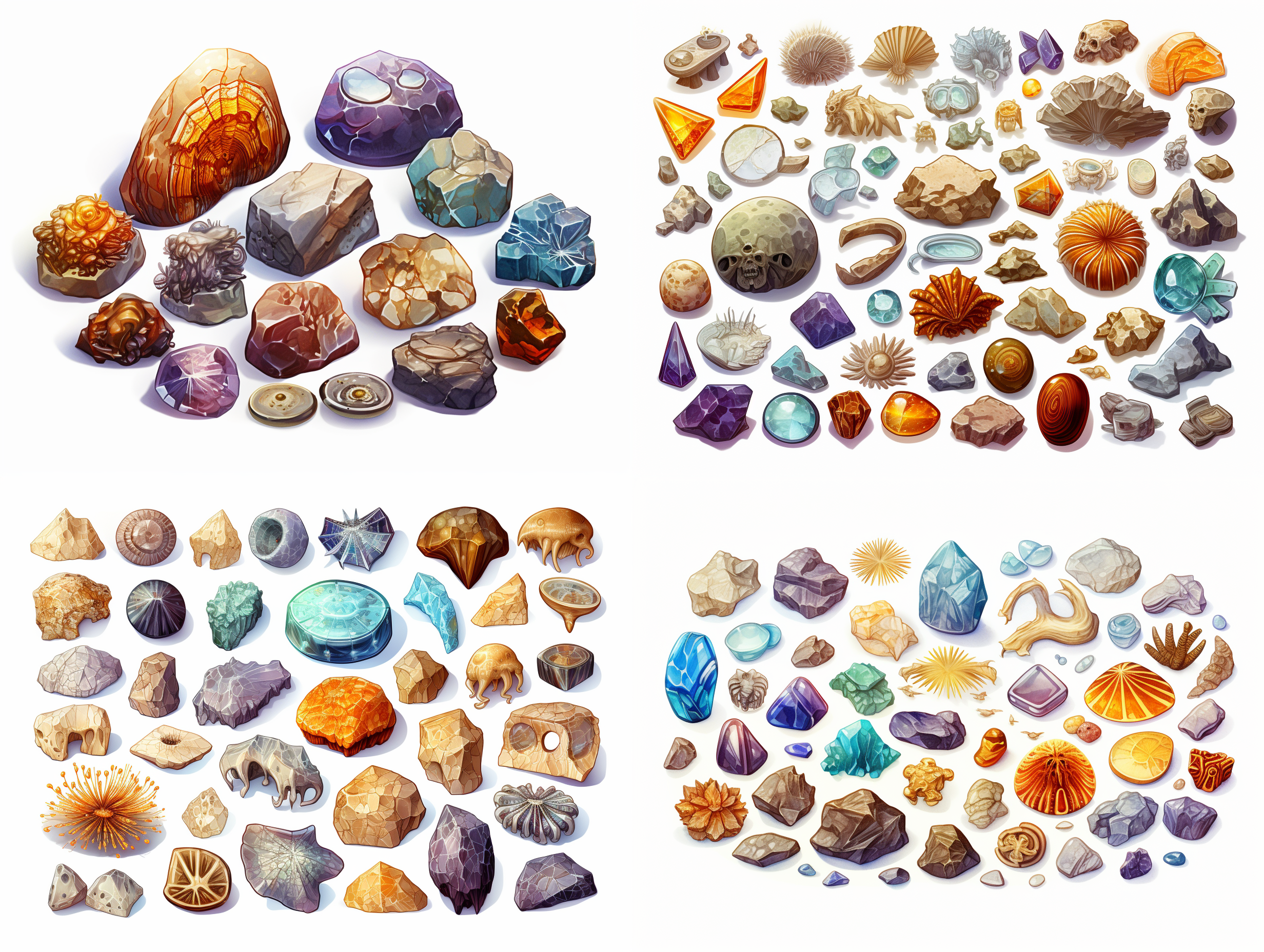 各种矿物 化石摆在一个白色背景上