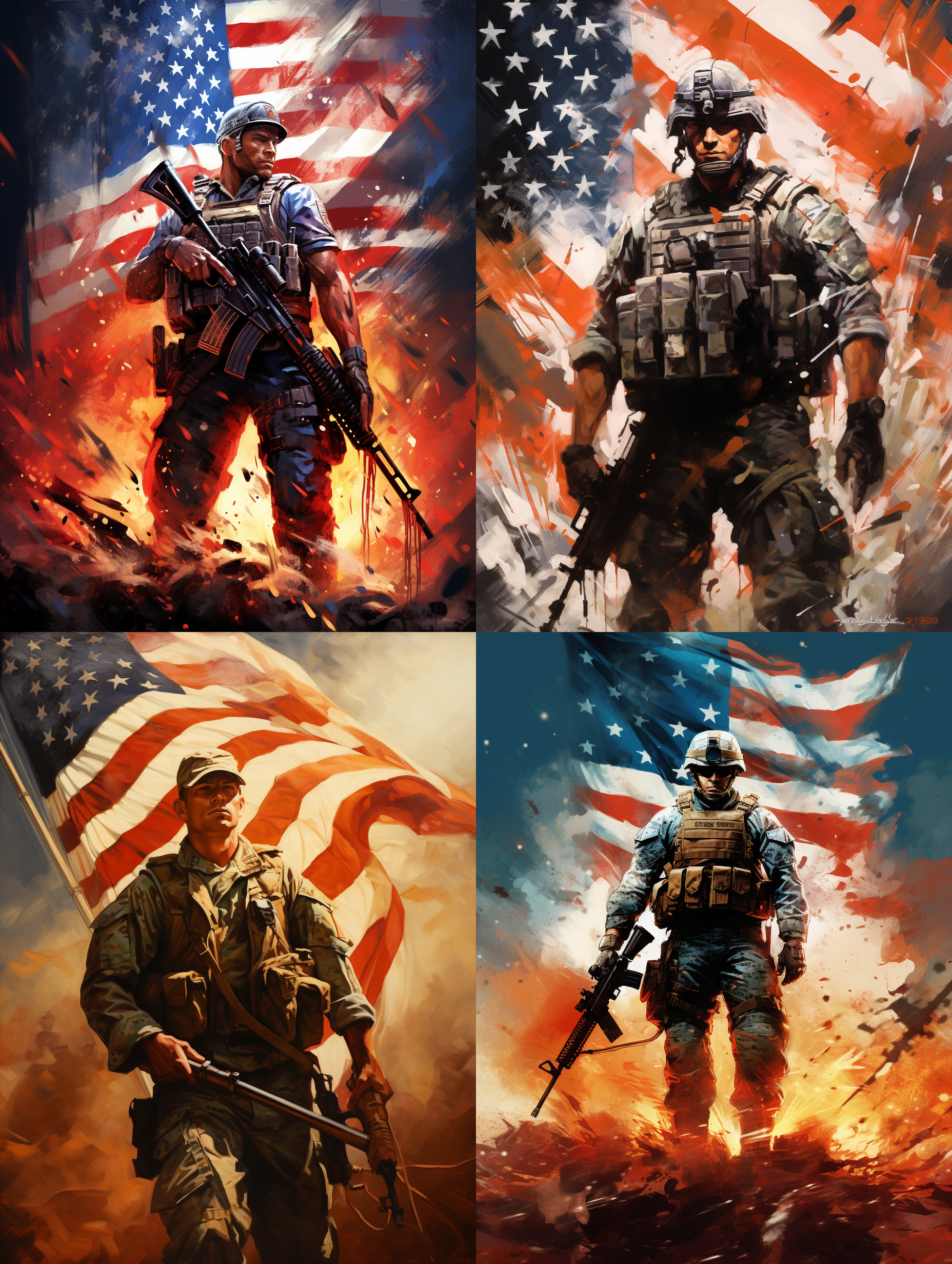 战火纷飞的空间，一面巨大的国美国旗随风飘扬，主角是一名海军陆战队，手握钢枪，背景爆炸式场景 