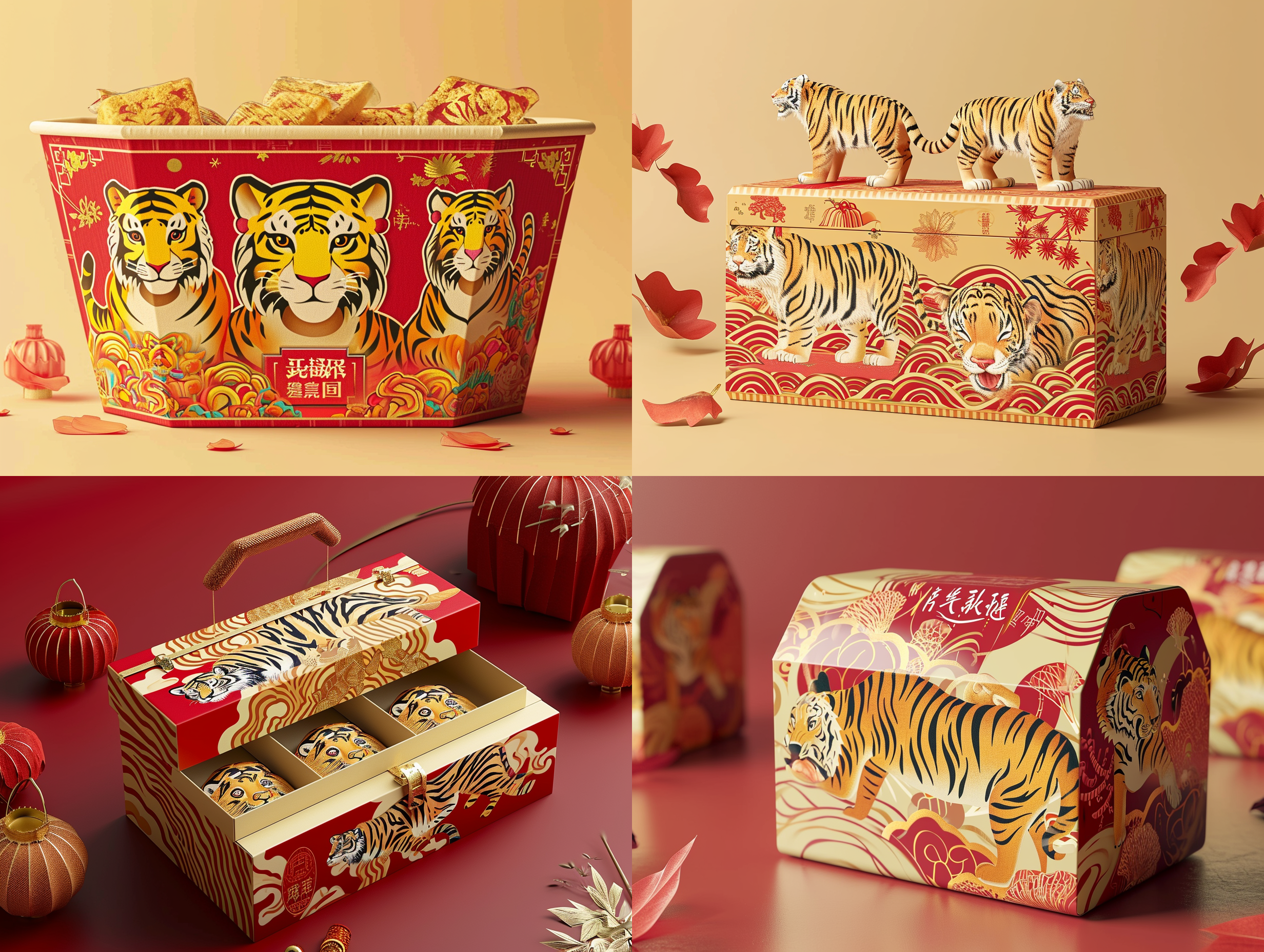 一个造型独特的零食包装盒，大胆的想象，淡金色与红色主色调，国潮风格,梦幻般的插画，三只卡通老虎元素，瓦楞纸材质,高细节,产品摄影，影棚光照，中国新年氛围