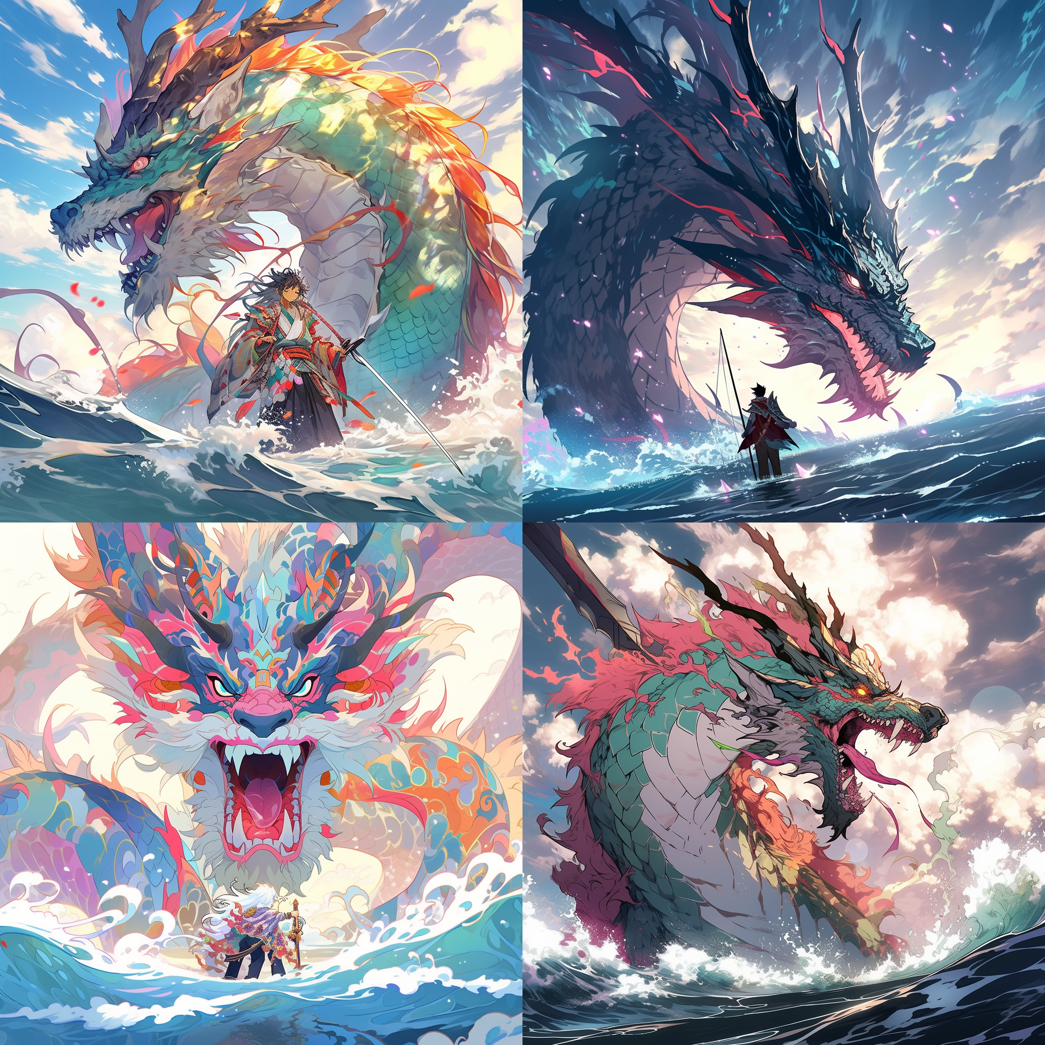 一个凶猛霸气的野兽，站在苍茫的大海上，左手拿着棒棒糖，右手拿着屠龙宝刀，望向前方双眼炯炯有神，高分辨率，鲜艳的颜色