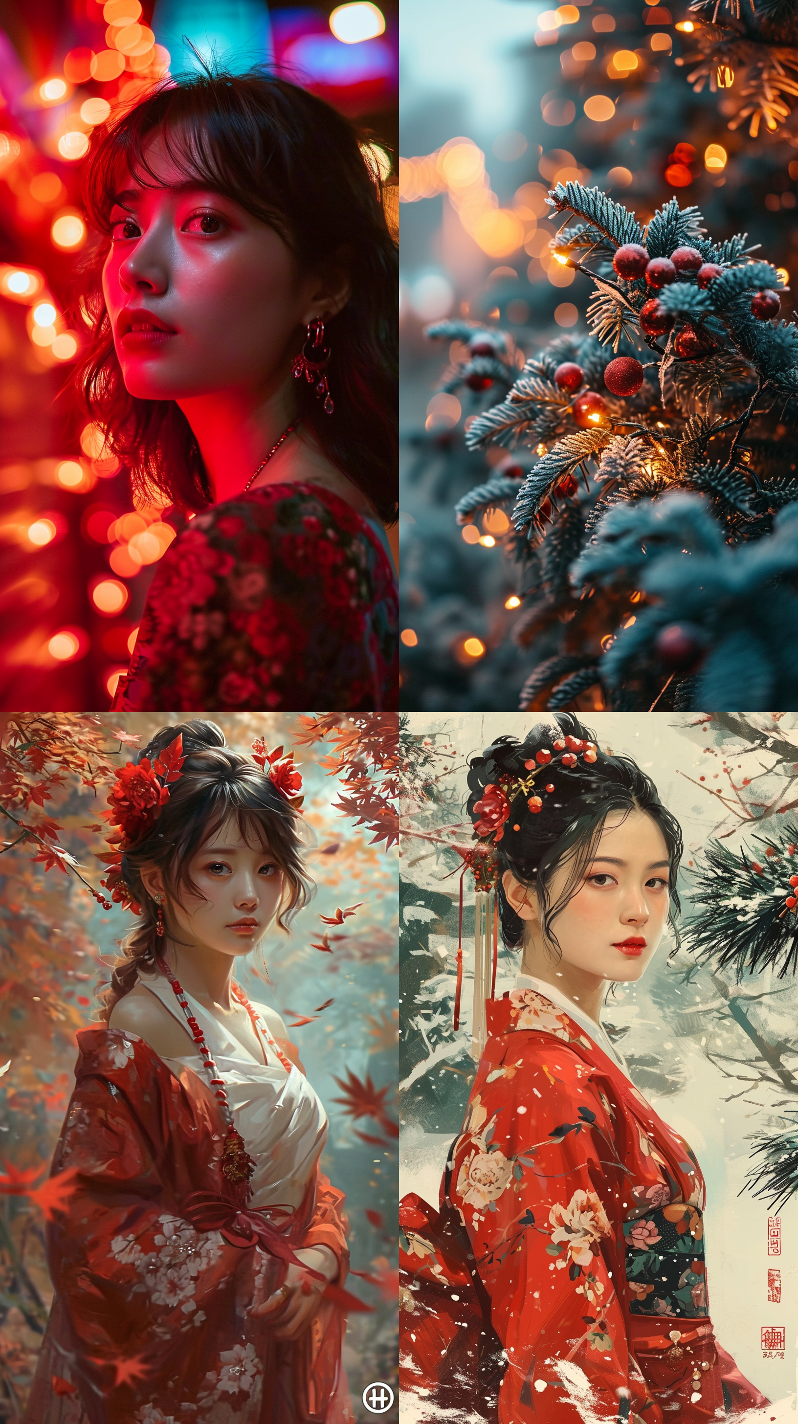 a beautiful asian women ::2,red bow, christmas tree ::2 ,skirt,gifts ::1,christmas card,beautiful ,soft candle light,smile ,relaxed,dslr,bedroom,rule of thirds composition,best quality