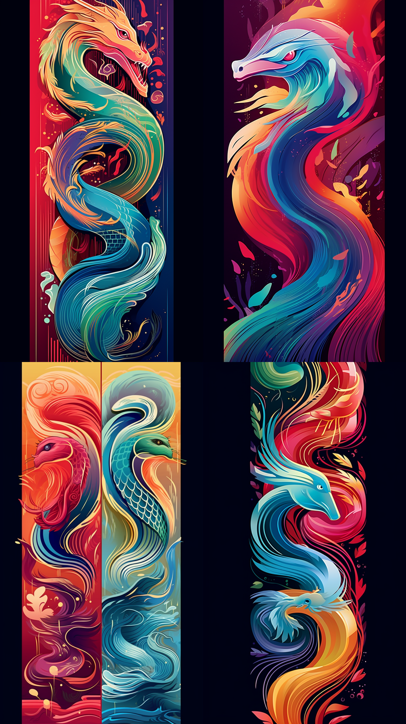 以红绿蓝三色为主色调设计一组“2024”数字的贺年标识，与龙的形象结合，顶级专业的设计水平，排版专业简介大气，创意画面新颖独特，8k的顶级画质，色彩细节丰富，饱和的色彩 