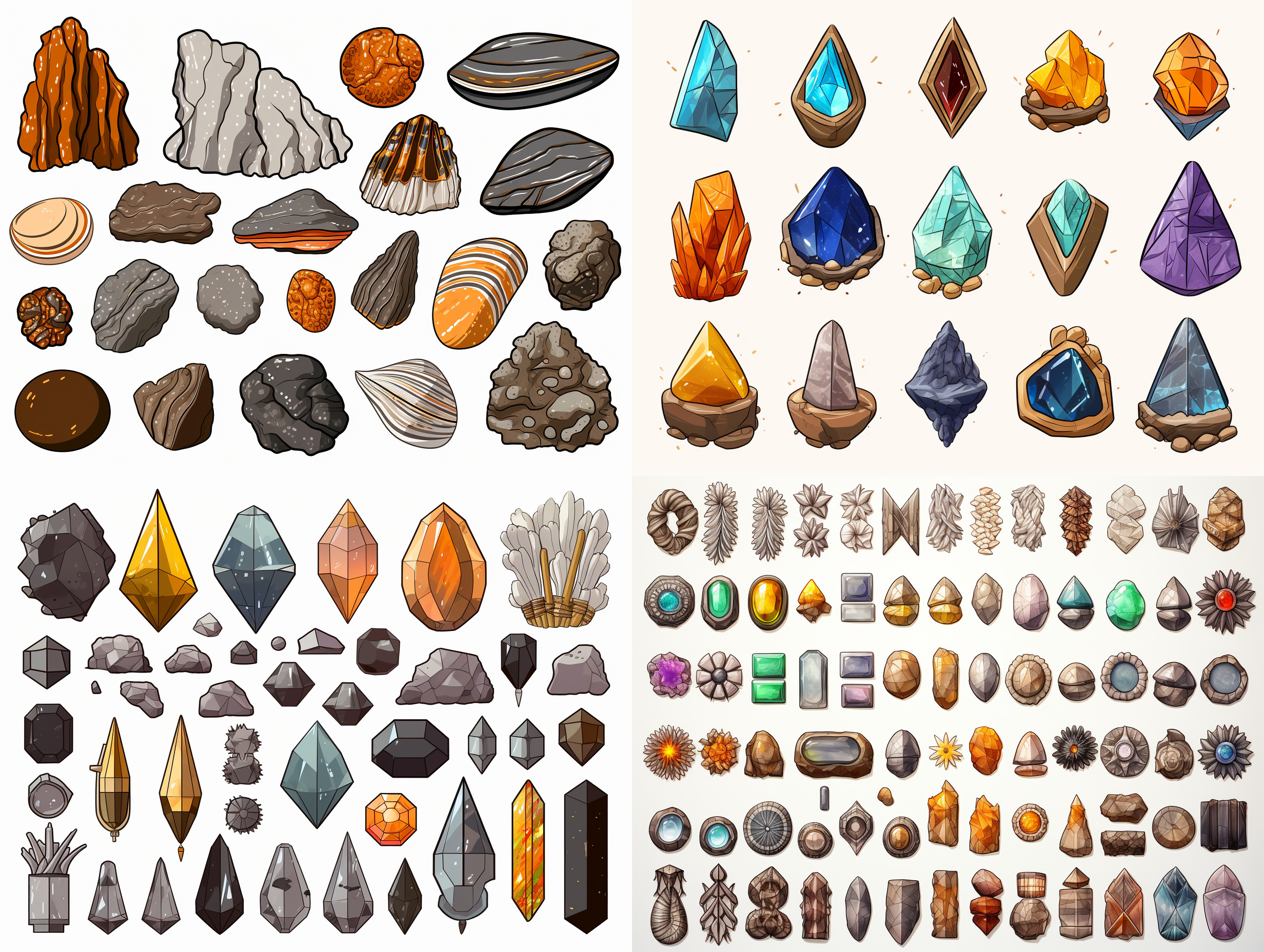 an image in a cartoon style, which presents a variety of minerals and fossils against a white background. the collection includes different types of crystals, pyrite, galena, chalcopyrite, sapphires, amber, and mineral crystals as well as a trilobite fossil. a greater space is maintained between each type of mineral for a neat and organized appearance.