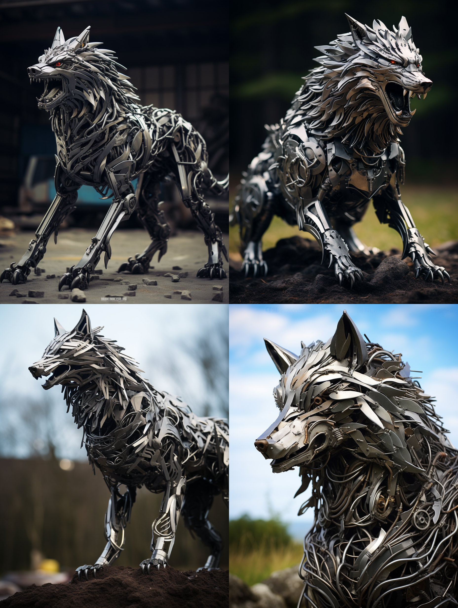 一只精美的野狼，用钢铁零件制作的，细节非常细腻，朝天怒吼，栩栩如生