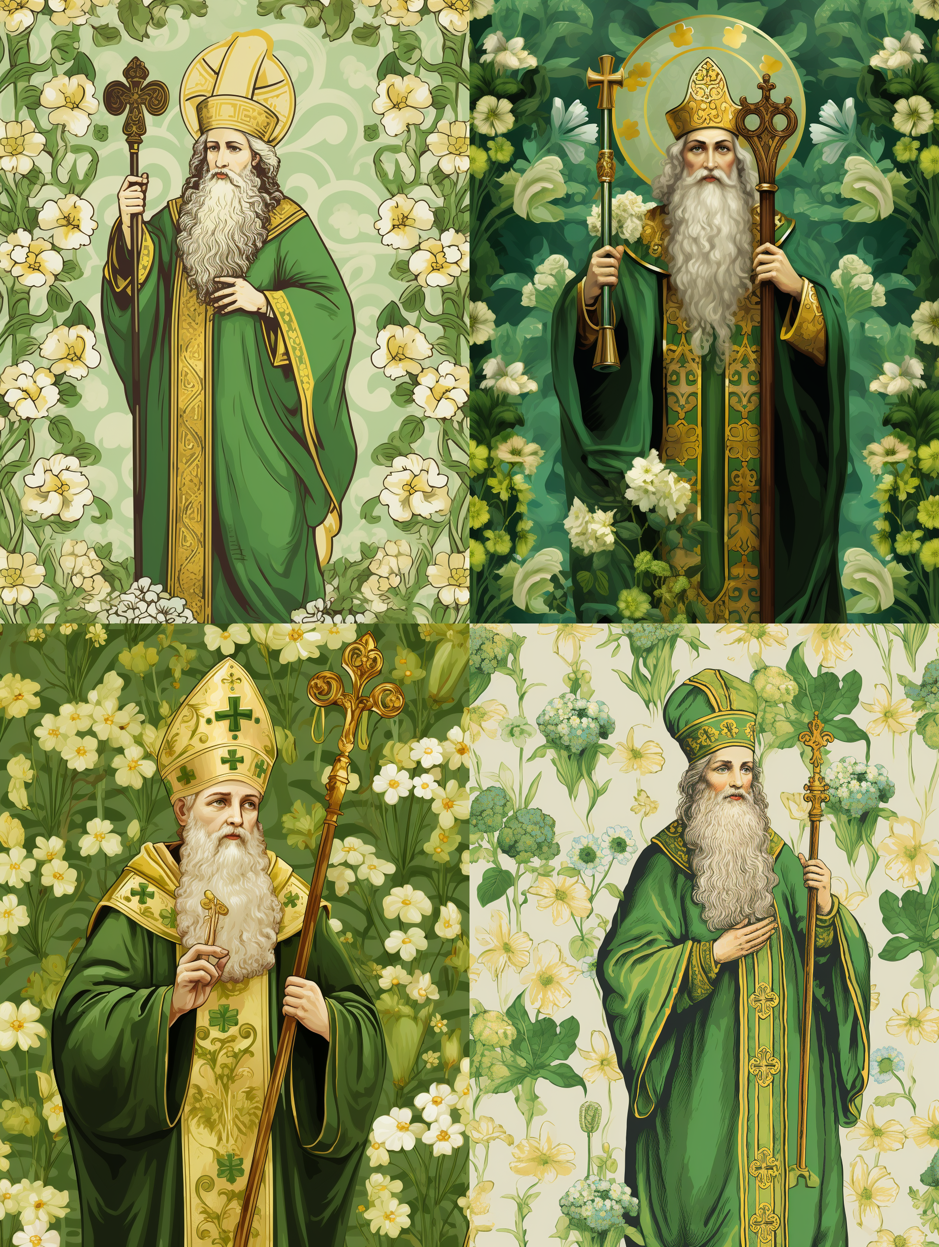 圣帕特里克节图案，有守护神圣帕特里克，绿黄两色背景，有三叶草图案，有美国国旗。比较细腻。