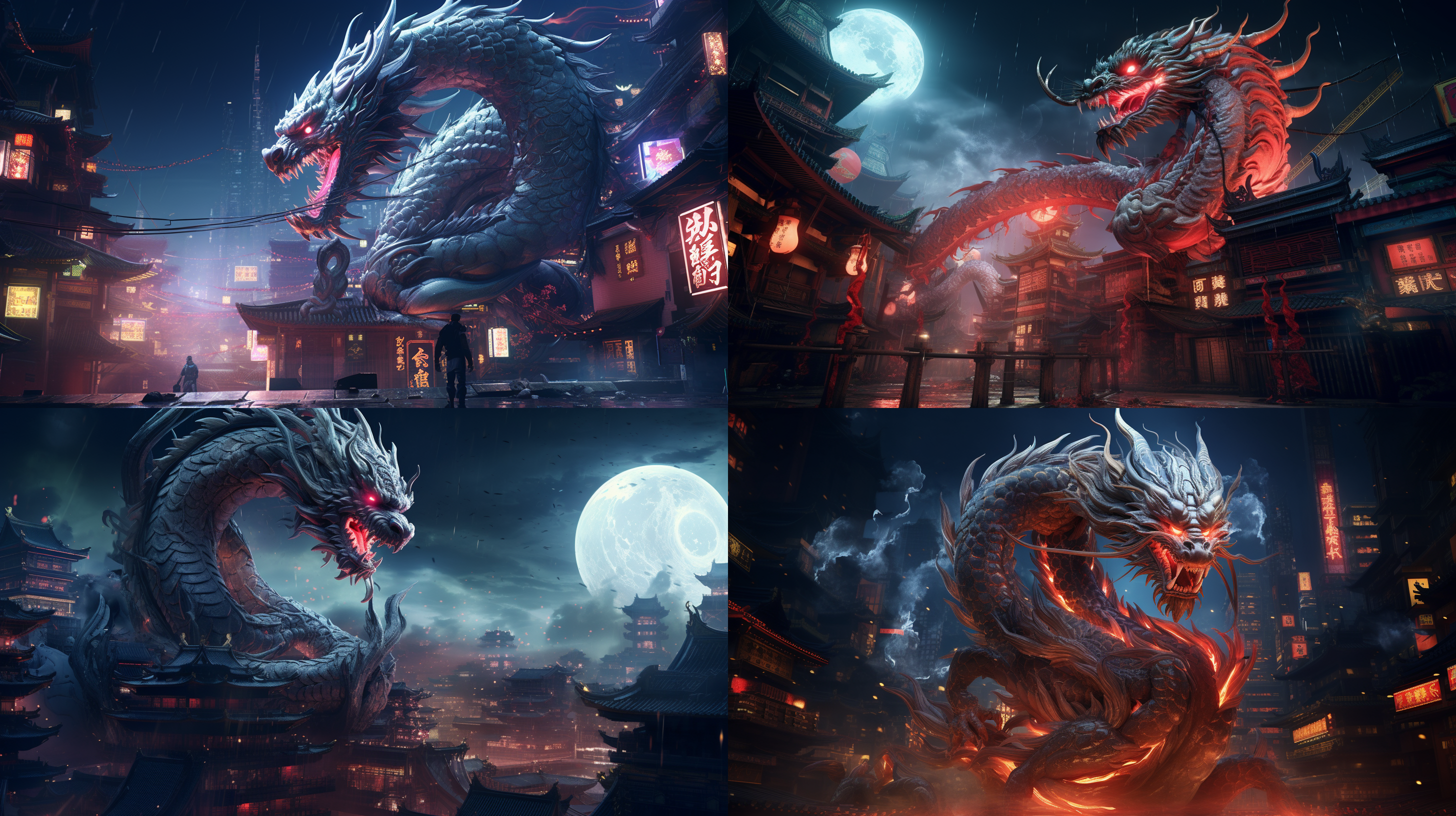 中国的龙 极高分辨率 游戏cg 在赛博朋克城市 月亮 夜晚
