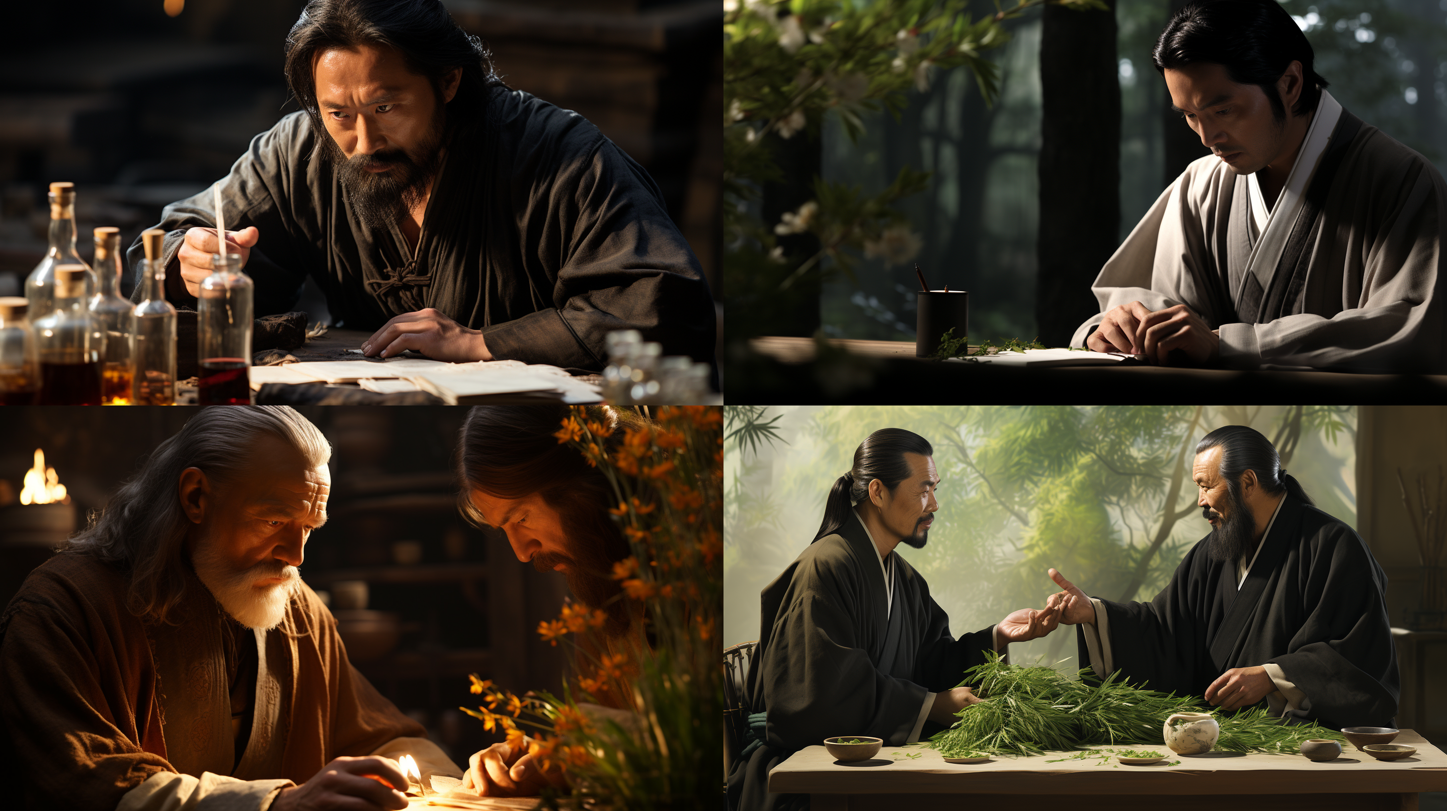 中国古代学者在油灯下看书，背景是书房，桌上有书画和文玩