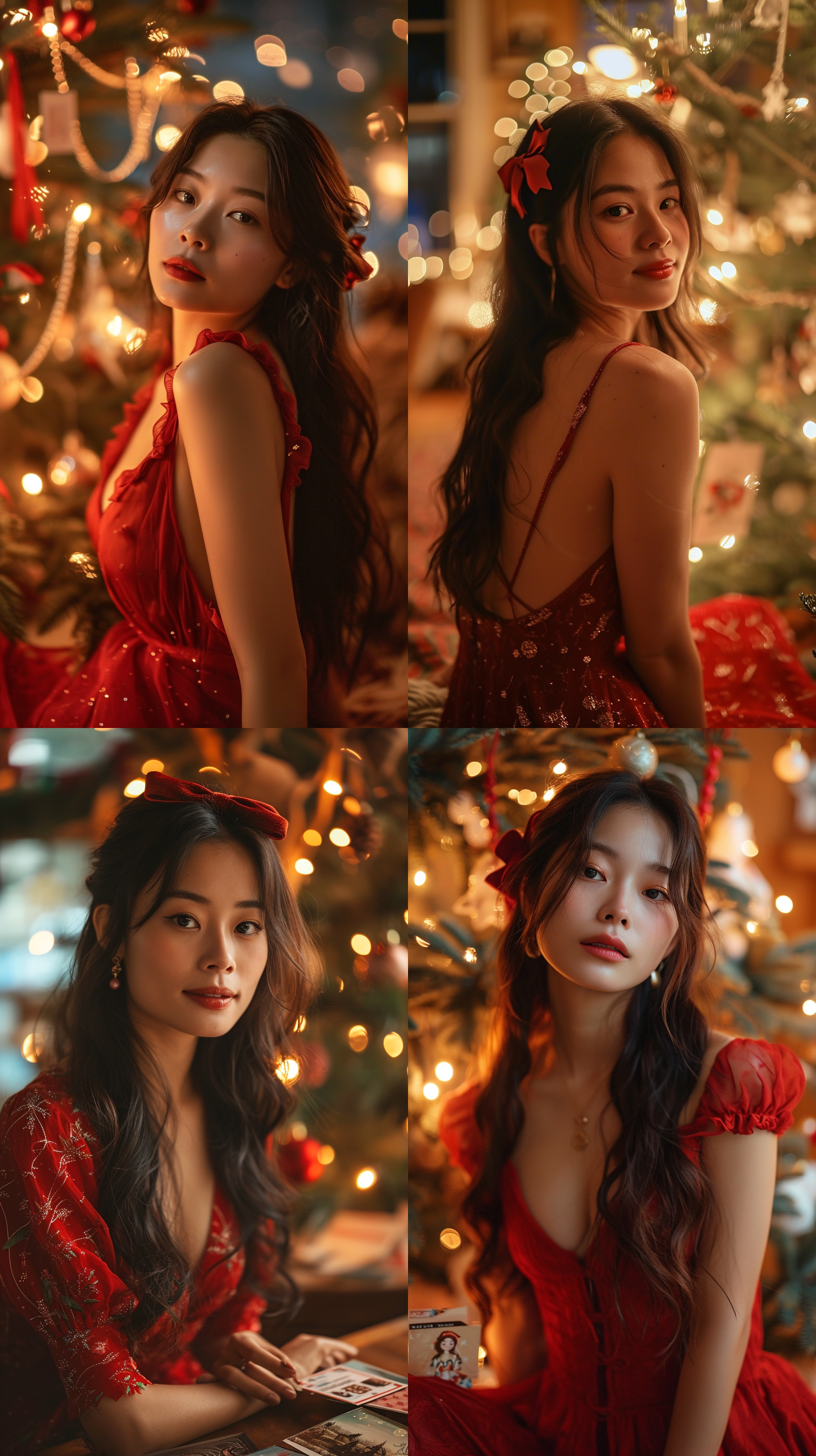 a beautiful asian women with long hair and a bow in her hair sitting in front of a christmas tree with a christmas card, wearing red chest-length dresses,facing the camera, beautiful,soft candle light,knees up ,velvet,relaxed,dslr,bedroom,long shot(ls),best quality