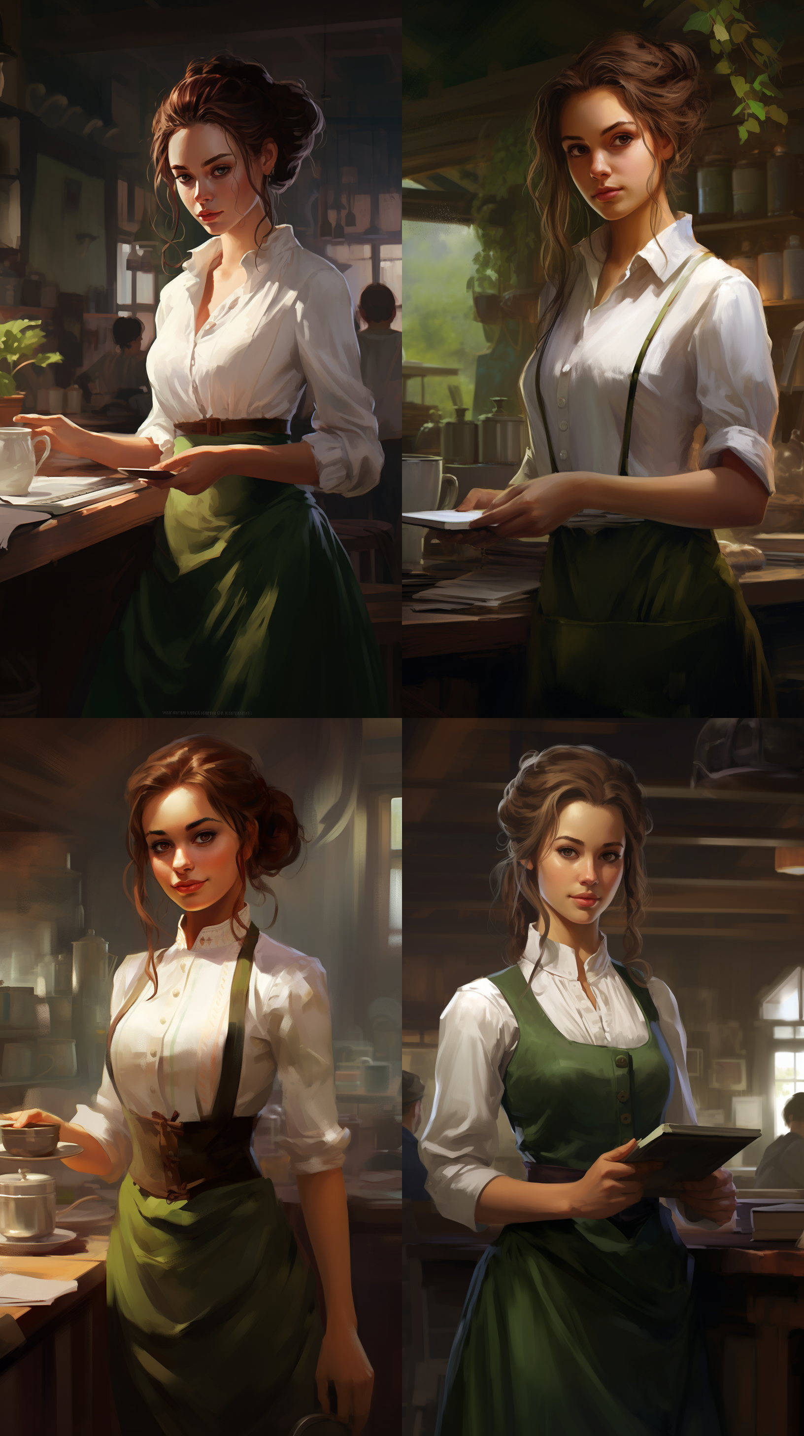 concept art，一个女孩，茶色头发，白色衬衫，绿色围裙，茶叶，茶叶作坊负责人，平板电脑