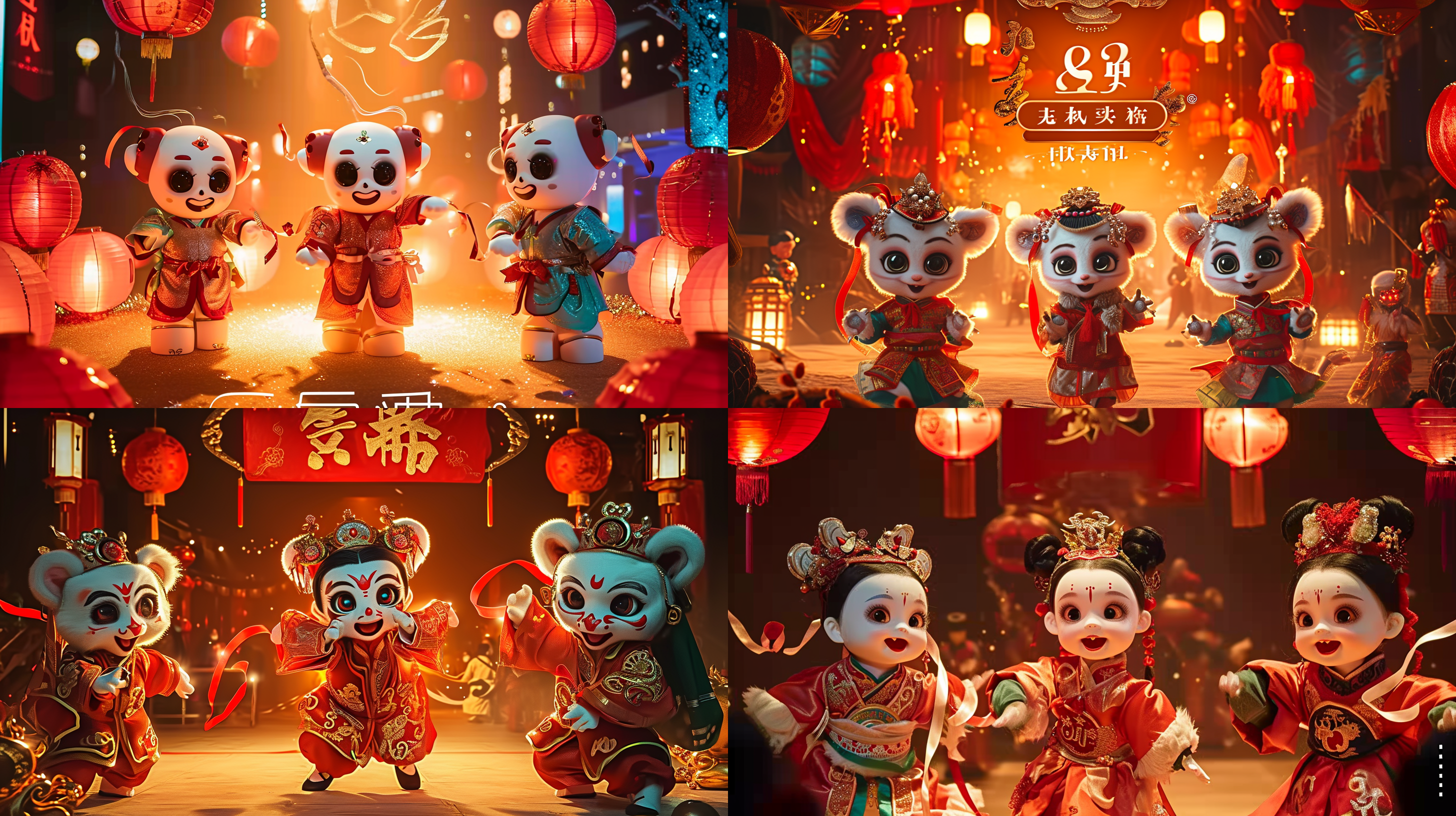 春节晚会的舞台，三个可爱活泼的三维立体卡通机器人穿着红绿蓝节日服装 ，舞着飘带，欢笑扭着，舞台上灯光炫丽，大红灯笼，上方艺术三维立体的卡通飞龙，顶级的舞台设计，整体呈现红色的色调，浓郁的春节祥节日喜庆气氛，顶级的画质，8超高清，