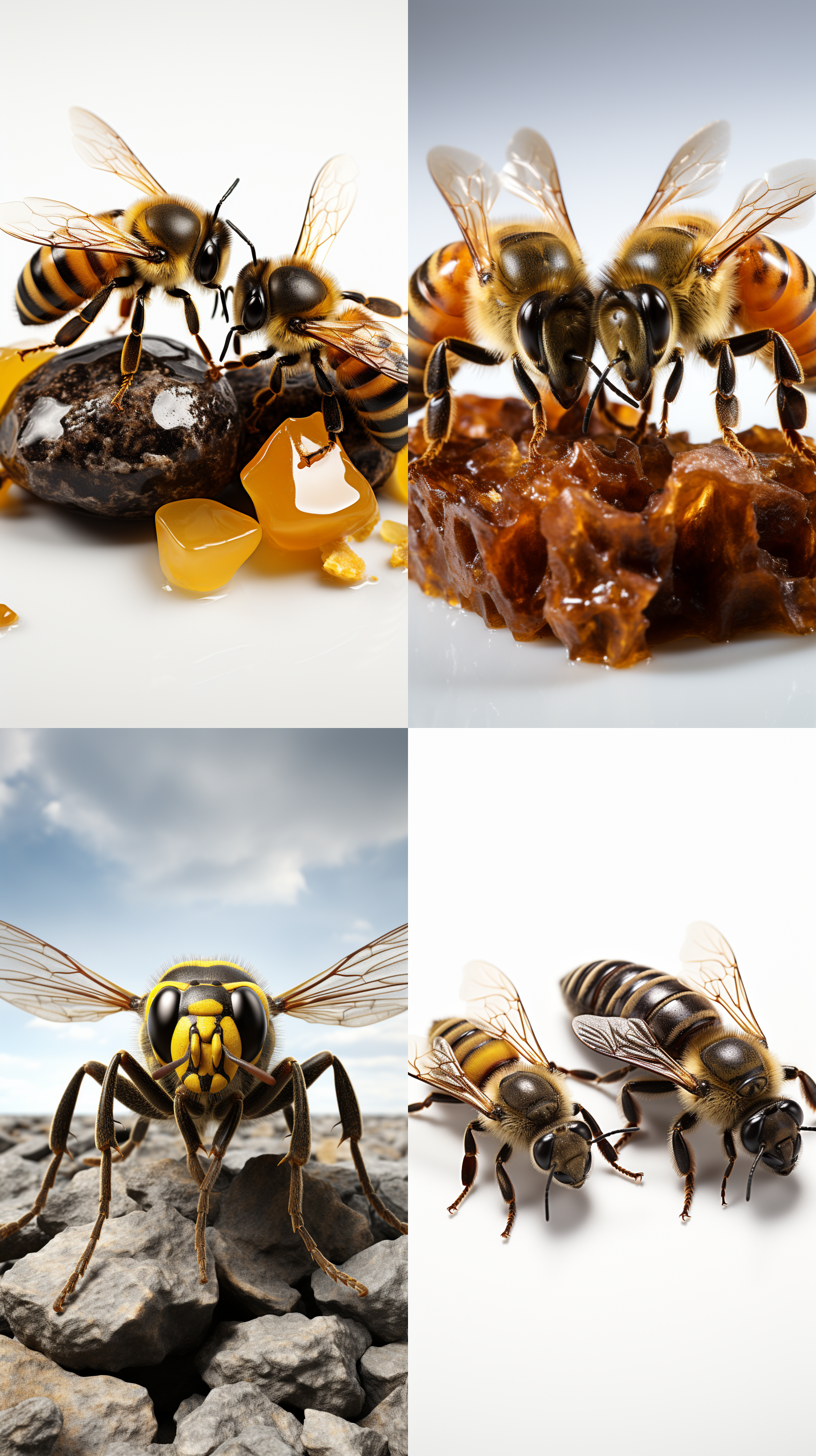 一只黄蜂和一只蜜蜂，白色背景，全景