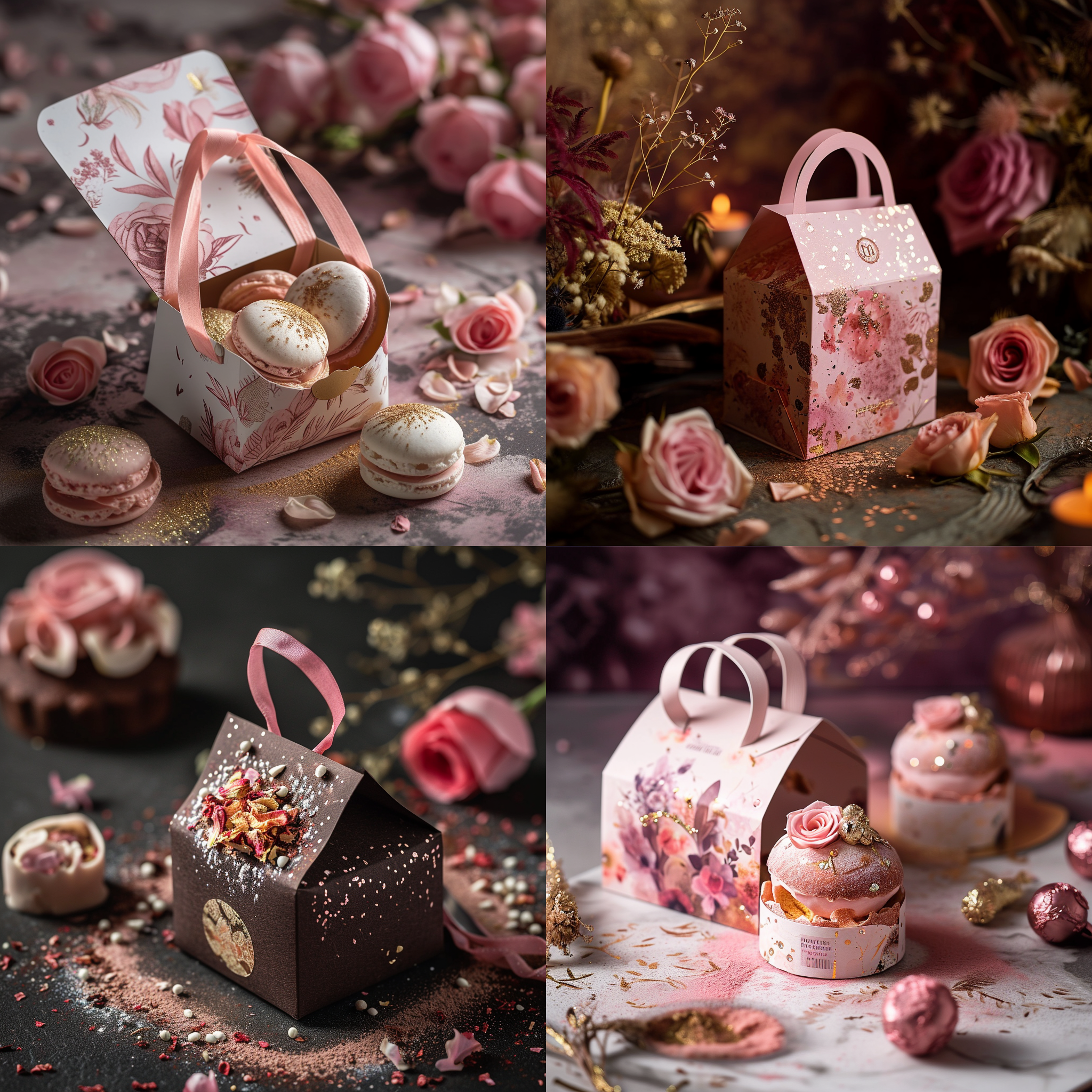 一个造型独特的糕点包装袋，包装盒，大胆的想象，浪漫风格, 玫瑰花元素，瓦楞纸材质,高细节,产品摄影，影棚光照，喜庆礼氛围 空中花园 玫瑰金 粉 空中花园 玫瑰金 粉 空中花园 玫瑰金 粉